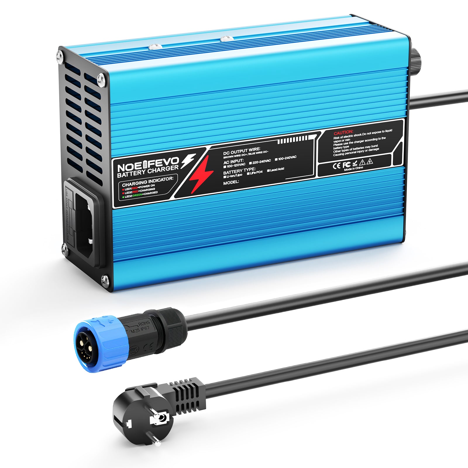 NOEIFEVO 27.6V-29.4V 5A chargeur de batterie au plomb pour batterie au plomb 24V, ventilateur de refroidissement, arrêt automatique (BLEU)