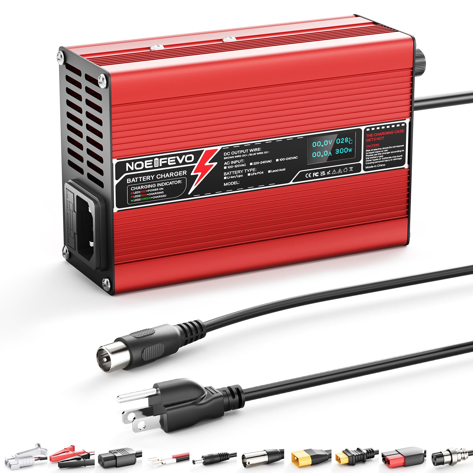 NOEIFEVO 41.4V-44.1V 2A 3A 3.5A 4A Chargeur de batterie au plomb pour batterie au plomb 36V, avec écran LCD, ventilateur de refroidissement, arrêt automatique (ROUGE)