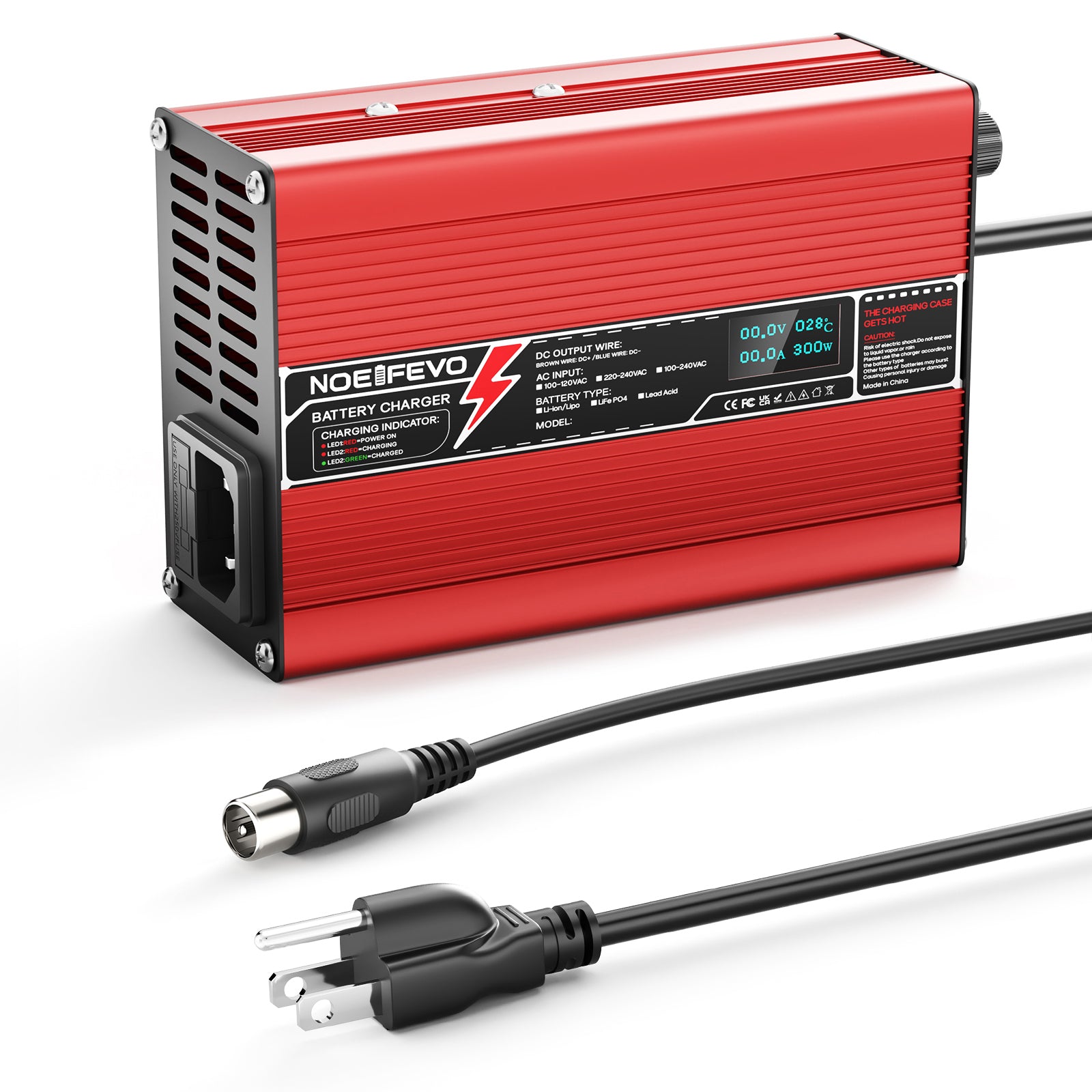 NOEIFEVO 41.4V-44.1V 2A 3A 3.5A 4A Chargeur de batterie au plomb pour batterie au plomb 36V, avec écran LCD, ventilateur de refroidissement, arrêt automatique (ROUGE)