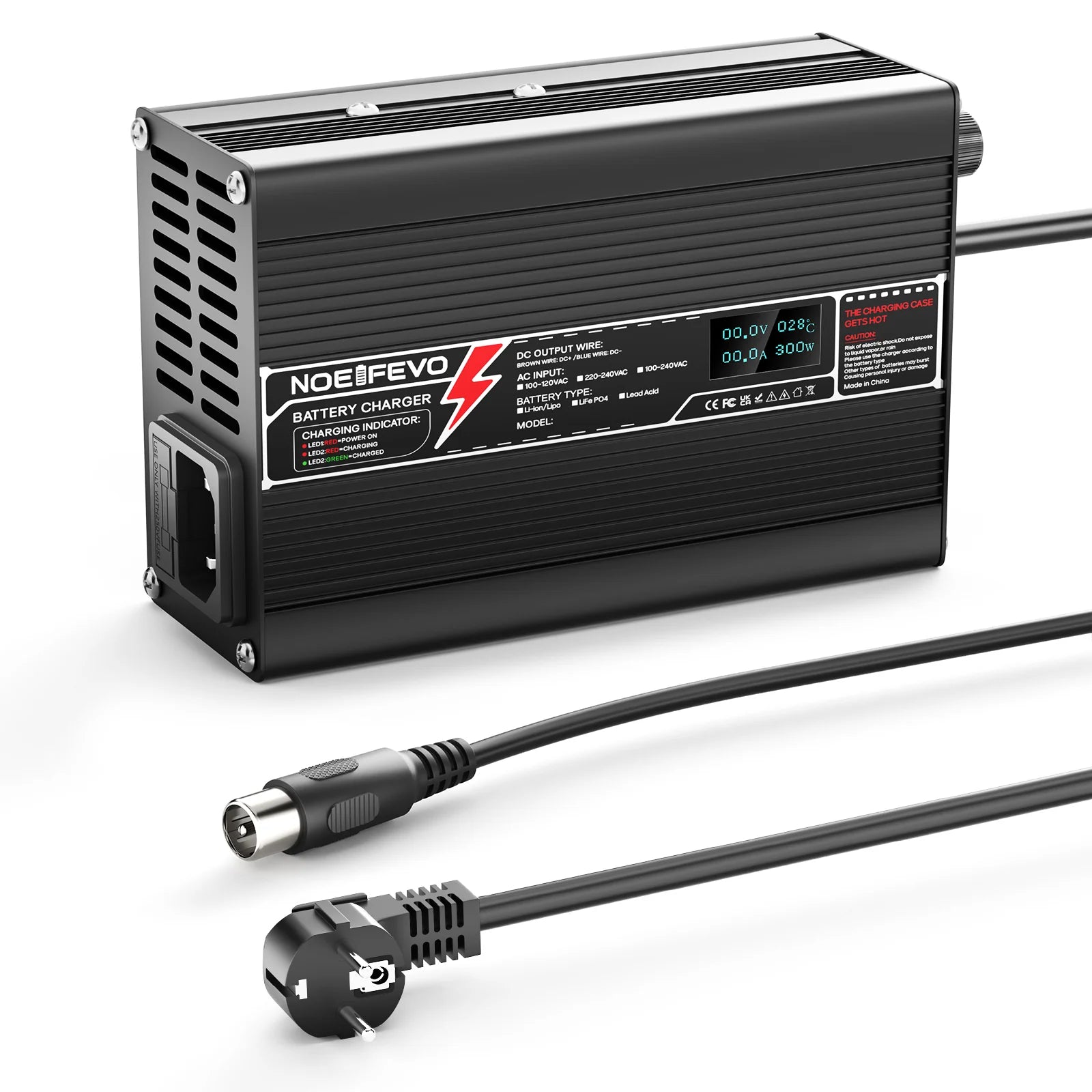 NOEIFEVO 50.4V 2.5A Carregador de lítio para baterias 12S 44.4V Li-Ion Lipo, com display LCD, ventilador de resfriamento, desligamento automático.