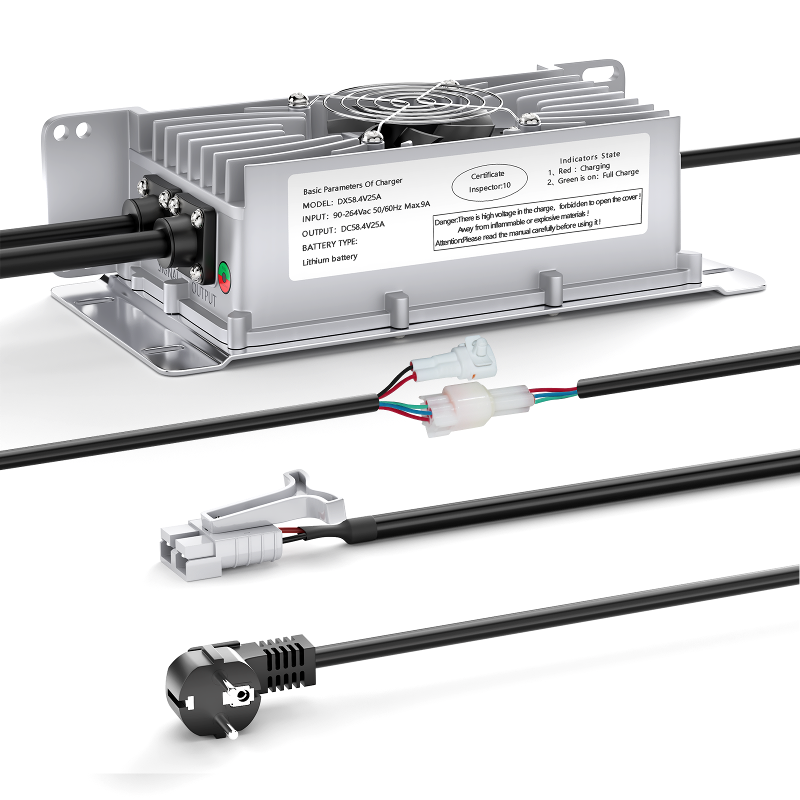 NOEIFEVO 48V 25A Lithium-Lifepo4-Batterieladegerät, 58,4V Ladespannung für 48V (51,2V) 16S-Batterie, wasserdicht, 0 V BMS-Aktivierung, mit Sperrkabel für Elektrofahrzeuge, E-Bikes und Golfwagen