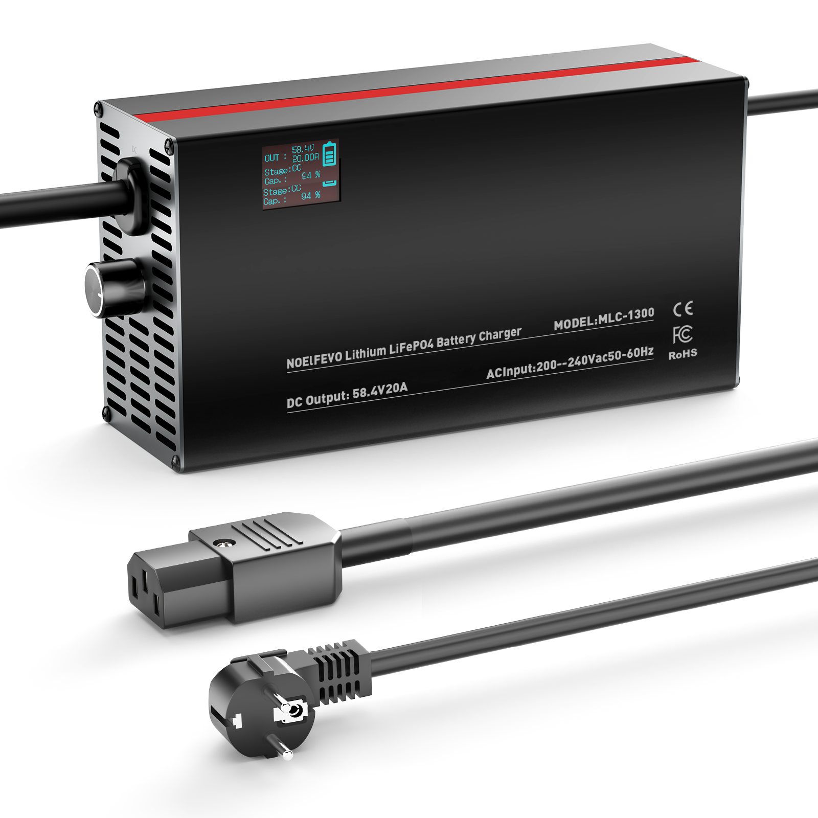 NOEIFEVO 58.4V 2-20A Lithium-LiFePO4-accu-oplader voor 51.2V 16S LiFePO4-accu, LCD-display, instelbare stroom, oplader voor golfwagens, trollingmotor, boot en campers