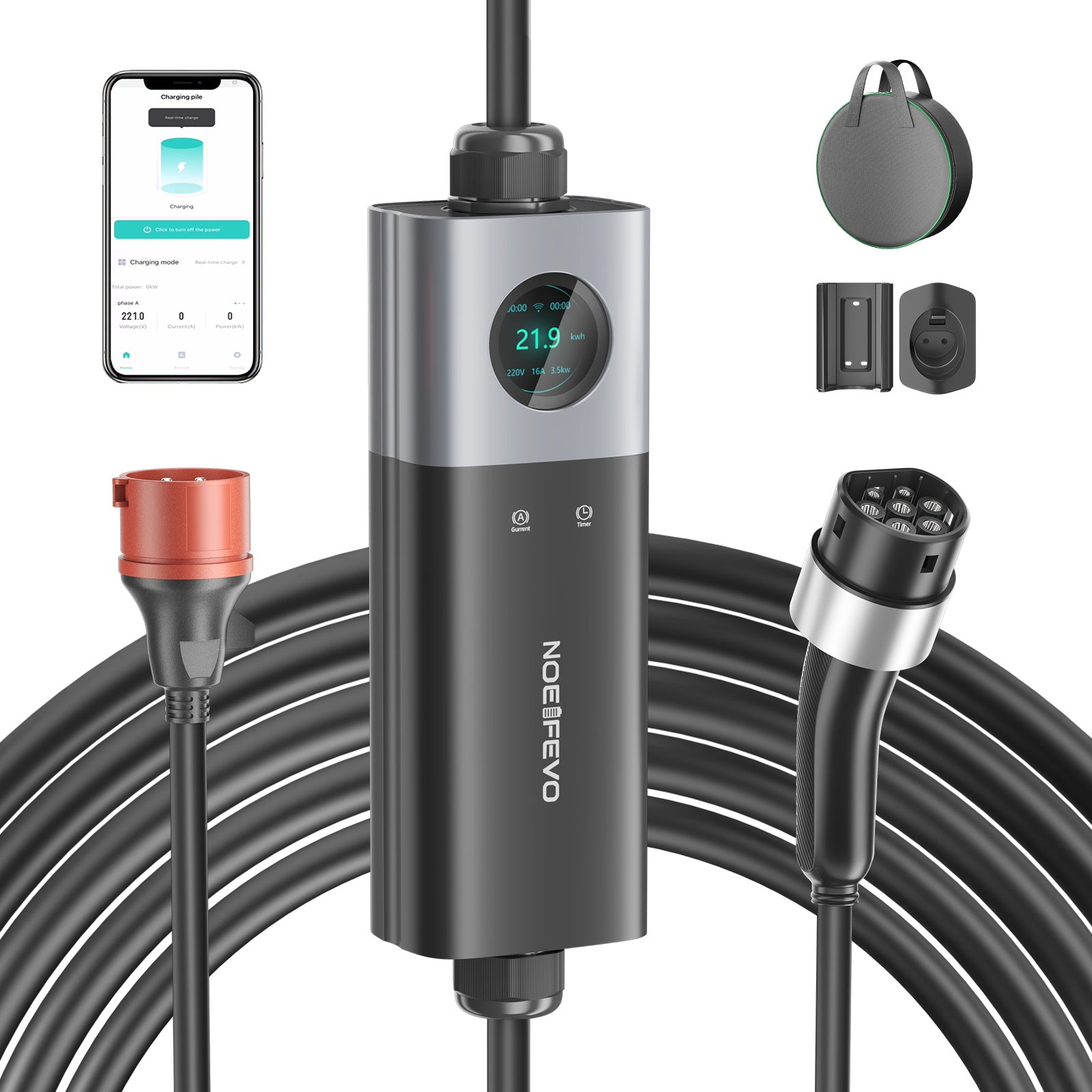 NOEIFEVO Q21W Wlan Chargeur de voiture électrique Wallbox mobile 11kW avec télécommande APP ,5m/10m Câble de charge Type2 CEE16A triphasé 