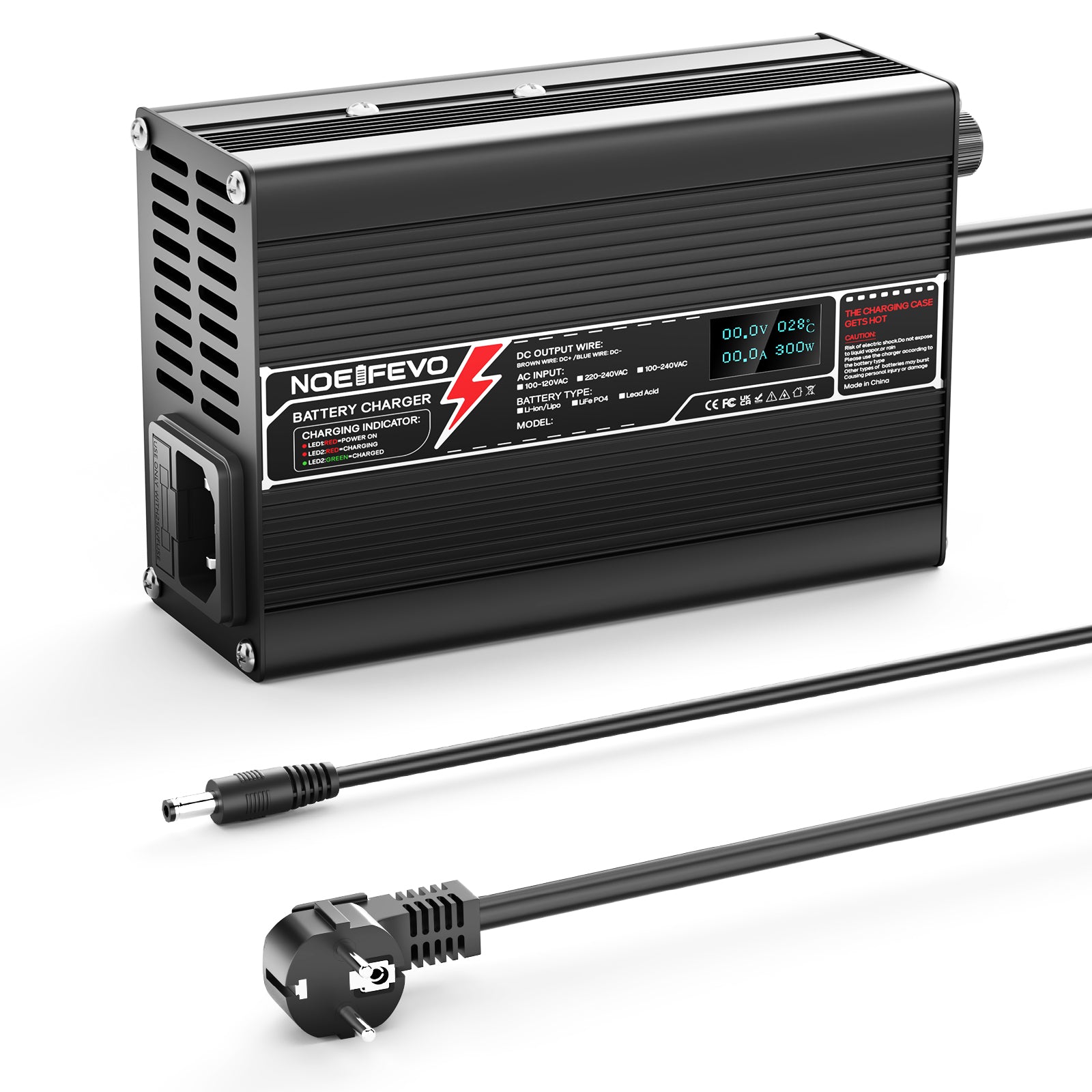 NOEIFEVO 36.5V 2A LiFePO4 Batterie-Ladegerät für 10S 32V LiFePO4 Batterie, mit LCD-Anzeige, Kühlventilator, automatischer Abschaltung