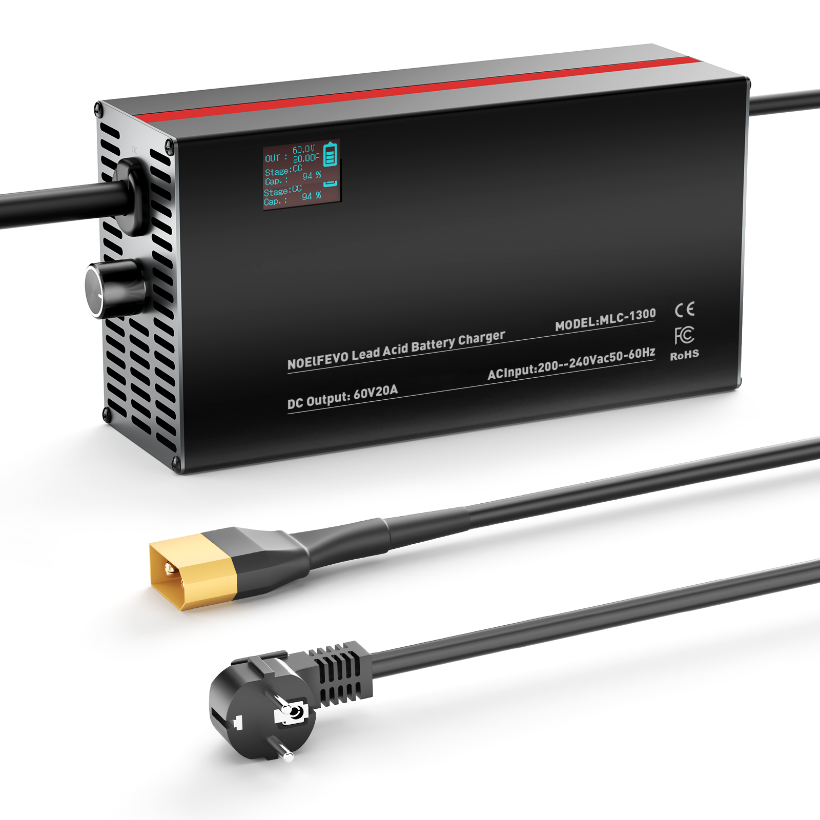 NOEIFEVO 60V 2A-20A Chargeur de batterie réglable pour batteries au plomb-acide, AGM, Gel, chargeur de batterie de voiture de golf, affichage LED