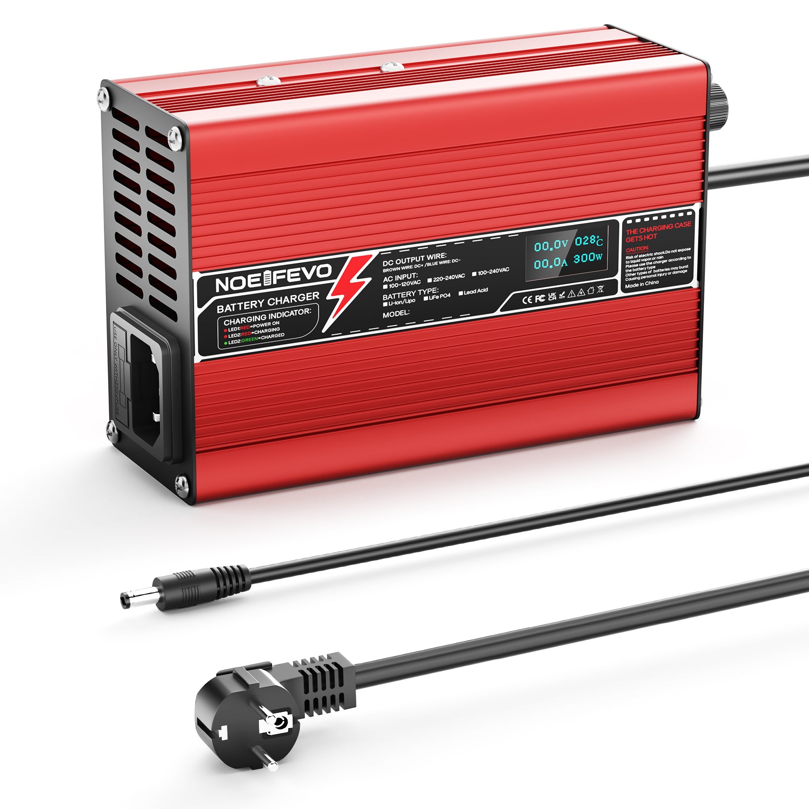 NOEIFEVO 27.6V-29.4V 2A 4A 5A Blei-Säure-Batterieladegerät für 24V Blei-Säure Batterie, Mit LCD-Anzeige, Kühlventilator, automatischer Abschaltung (RED)