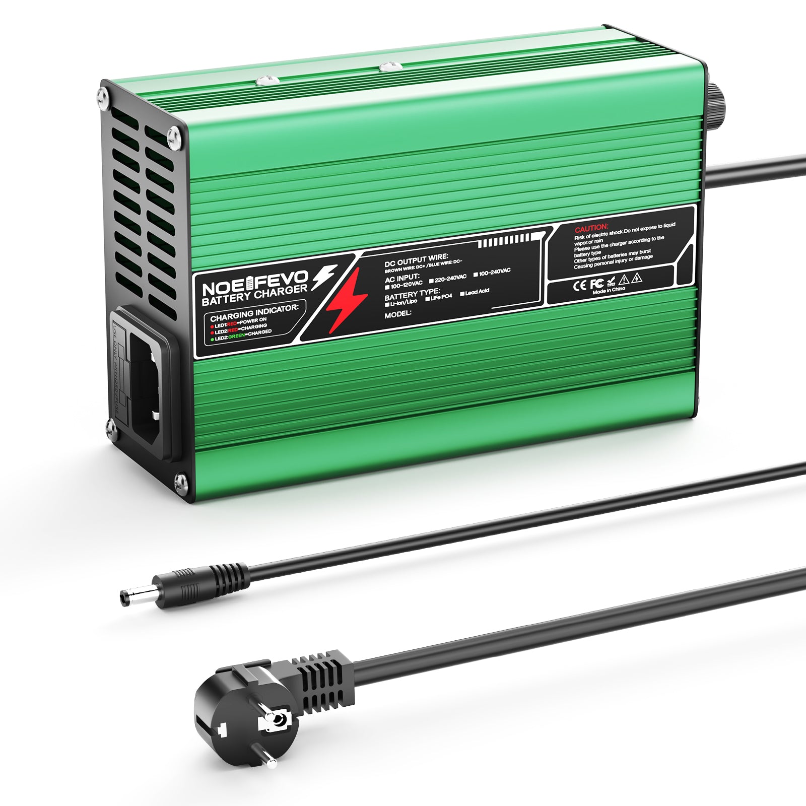 NOEIFEVO 42V2A 3A 3.5A 4A Chargeur Lithium pour batteries Li-Ion Lipo 10S 37V, ventilateur de refroidissement, arrêt automatique (VERT).