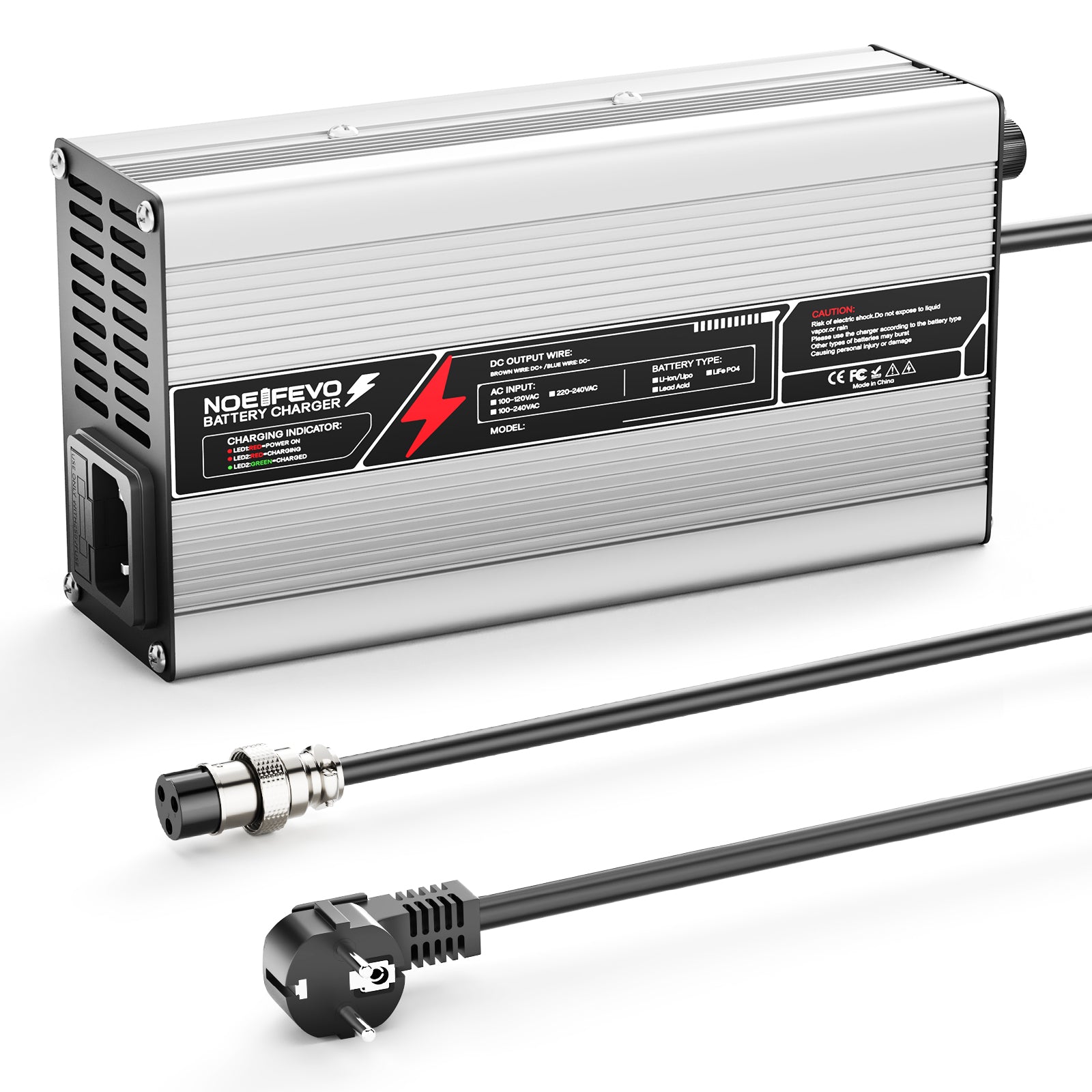 NOEIFEVO 54,75V 8A Chargeur de batterie LiFePO4 pour batterie 48V 15 S, arrêt automatique, boîtier en aluminium, avec ventilateur (Argent)