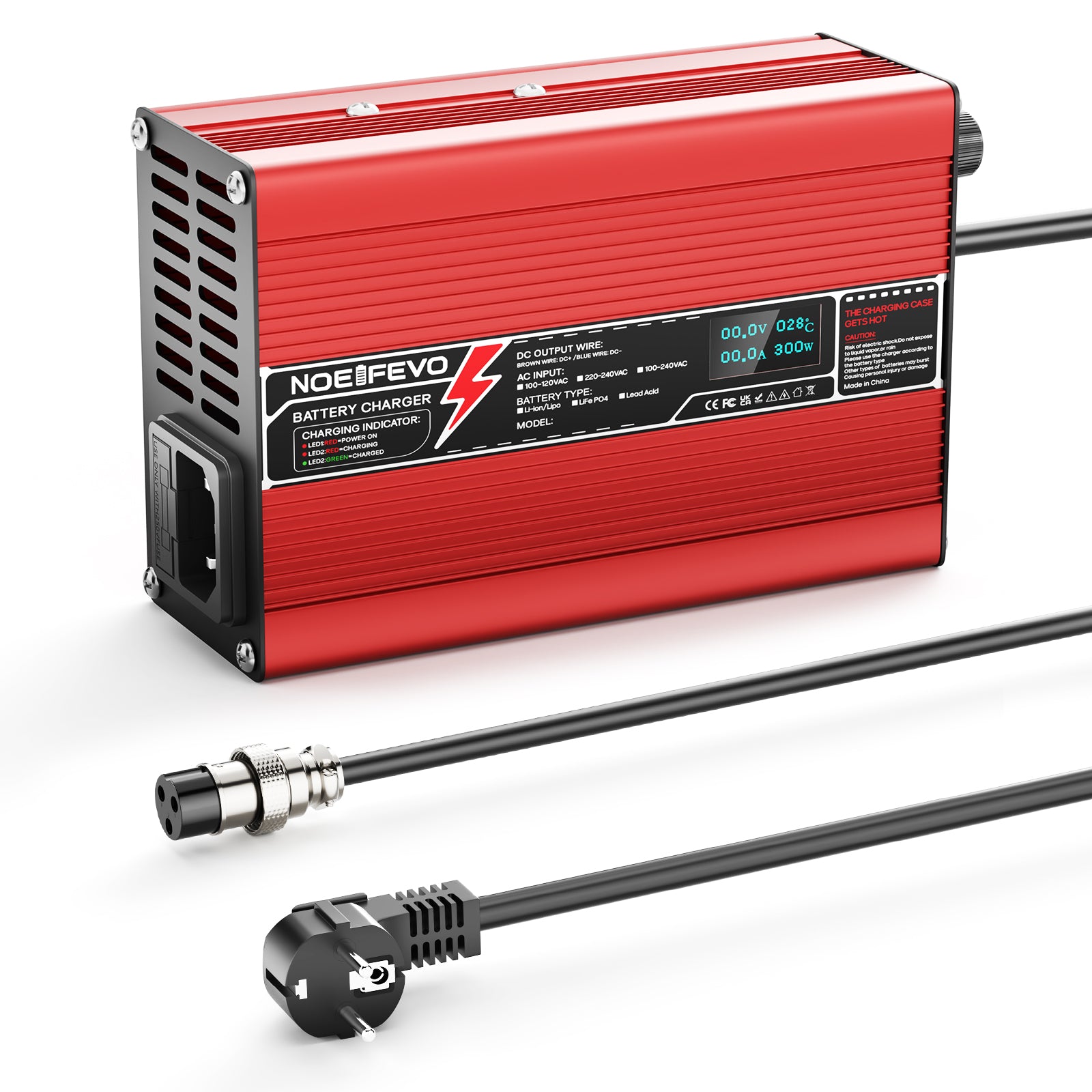 NOEIFEVO Caricabatterie al Litio 12,6V 10A per Batterie Li-Ion Lipo 3S 11,1V, Ventola di Raffreddamento, Spegnimento Automatico (ROSSO)