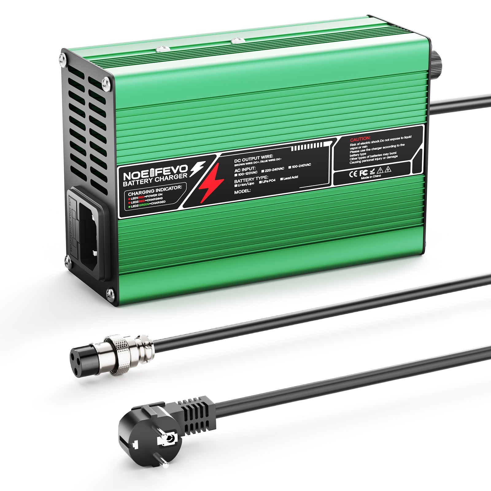 NOEIFEVO 58.8V 3A Carregador de Bateria de Lítio para Baterias Li-Ion Lipo 14S 51.8V, Ventilador de Refrigeração, Desligamento Automático (VERDE)