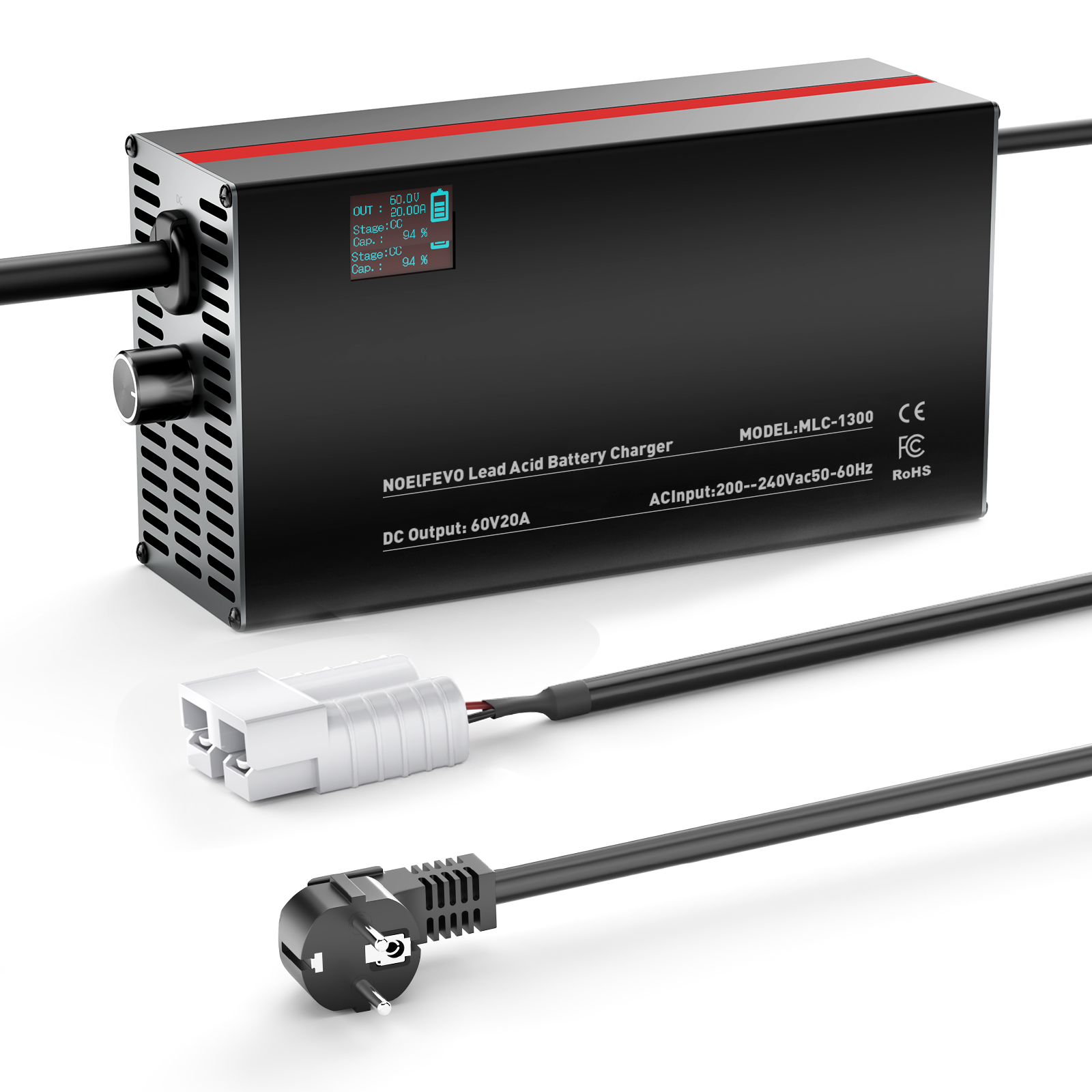 NOEIFEVO 60V 2A-20A Chargeur de batterie réglable pour batteries au plomb-acide, AGM, Gel, chargeur de batterie de voiture de golf, affichage LED