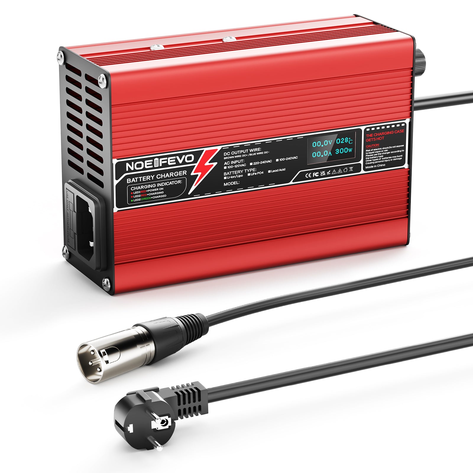 NOEIFEVO Caricabatterie al Litio 12,6V 10A per Batterie Li-Ion Lipo 3S 11,1V, Ventola di Raffreddamento, Spegnimento Automatico (ROSSO)