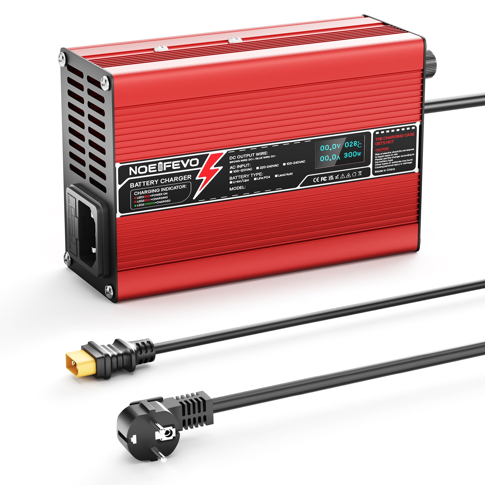 NOEIFEVO Caricabatterie al Litio 12,6V 10A per Batterie Li-Ion Lipo 3S 11,1V, Ventola di Raffreddamento, Spegnimento Automatico (ROSSO)