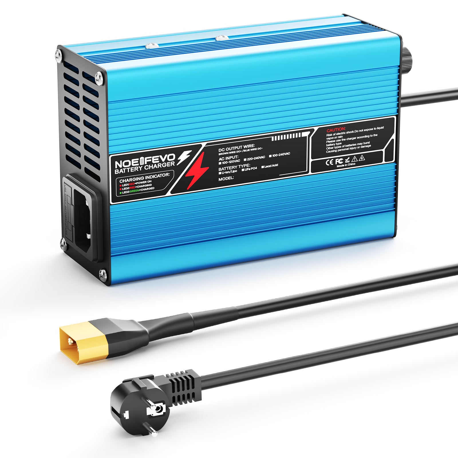 Carregador de Bateria LiFePO4 NOEIFEVO 36.5V 2A 3A 3.5A 4A para Bateria LiFePO4 10S 32V, com Desligamento Automático (AZUL).