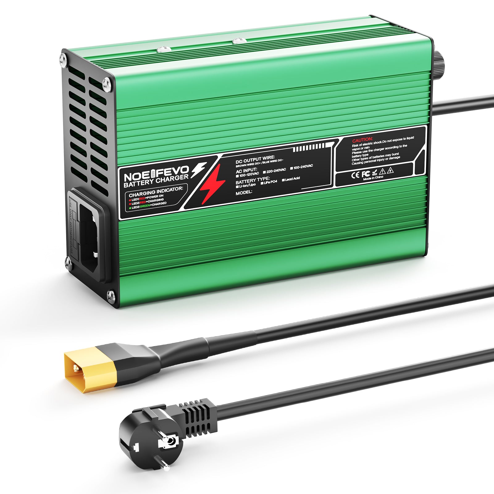 NOEIFEVO 42V2A 3A 3.5A 4A Chargeur Lithium pour batteries Li-Ion Lipo 10S 37V, ventilateur de refroidissement, arrêt automatique (VERT).