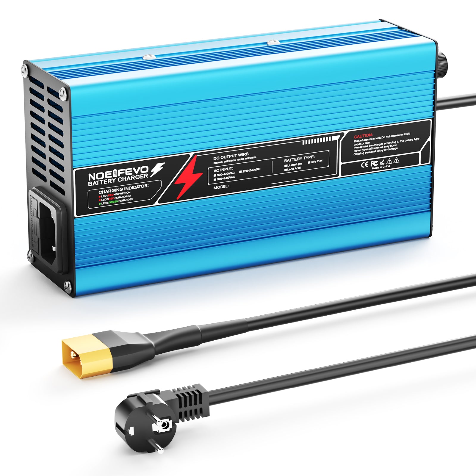 NOEIFEVO 12V 20A Chargeur de batterie au plomb-acide, tension de charge 13,8V-14,7V, arrêt automatique, boîtier en aluminium, avec ventilateur (bleu)