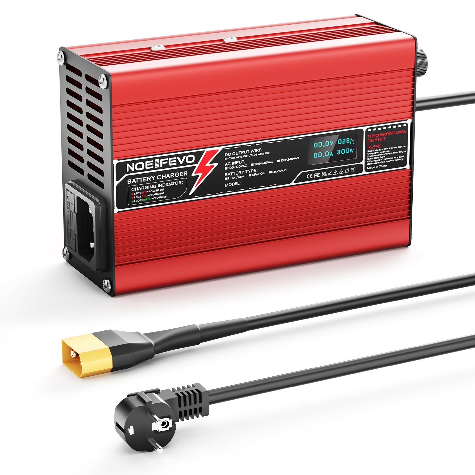 NOEIFEVO Caricabatterie al Litio 12,6V 10A per Batterie Li-Ion Lipo 3S 11,1V, Ventola di Raffreddamento, Spegnimento Automatico (ROSSO)