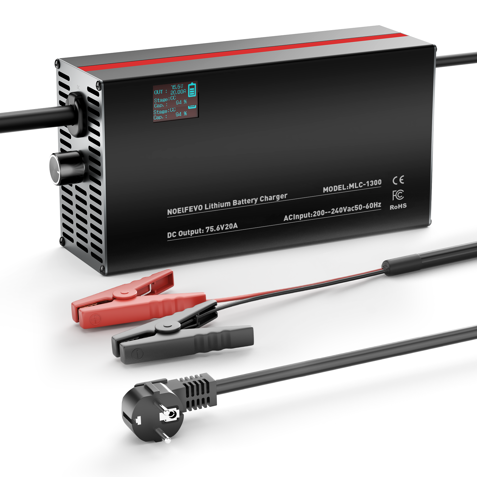 NOEIFEVO 75.6V 2-20A Lithium-batterilader til 66.6V 18S Lithium-Li-Ion-Lipo-batteri, LCD-skærm, justerbar strøm, lader til E-bike, scooter, elektrisk motorcykel