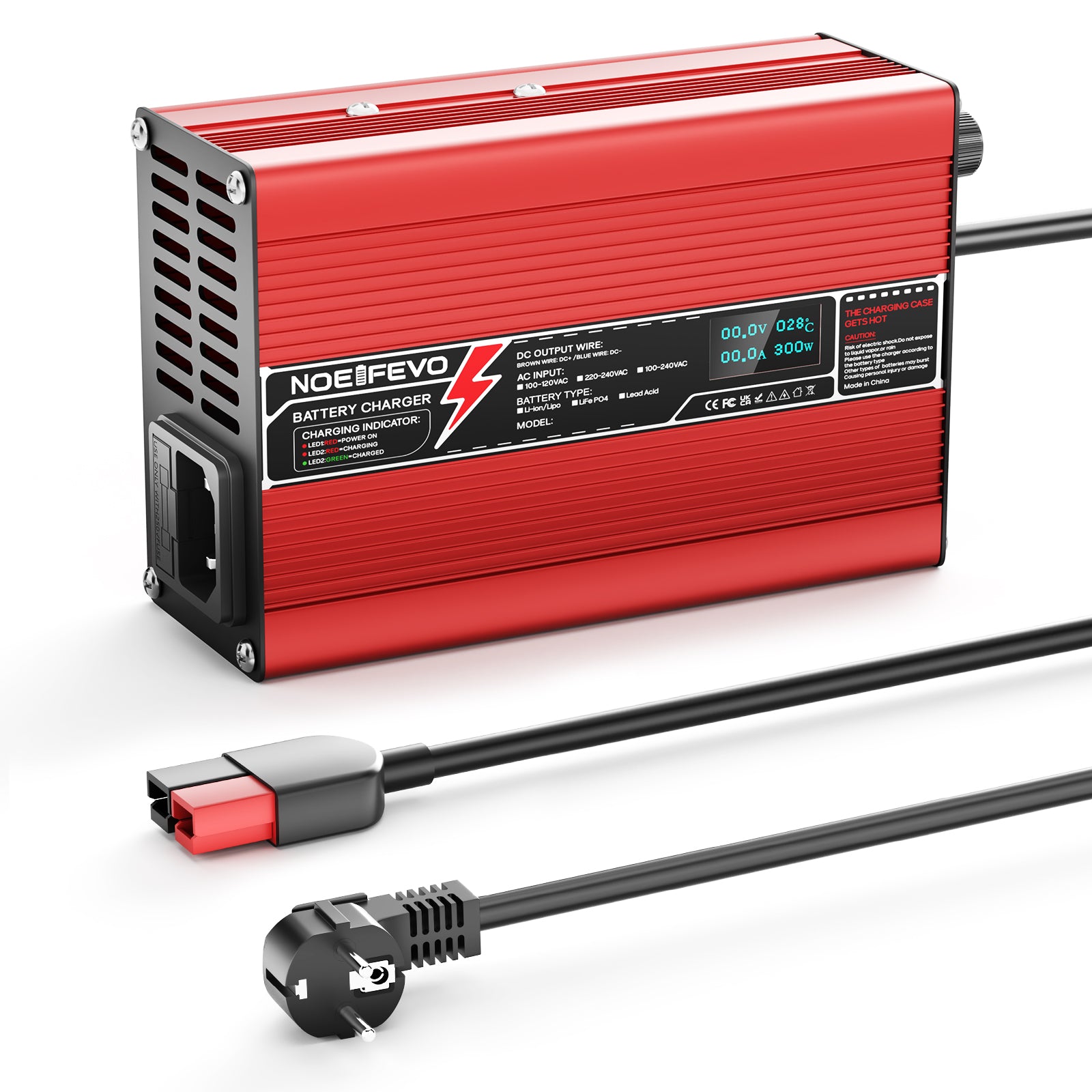 NOEIFEVO 16.8V 5A 6A 7A 8A 10A Lithium-Ladegerät für 4S 14.8V Li-Ion Lipo-Batterien, mit LCD-Anzeige, Kühlventilator, automatischer Abschaltung（RED）