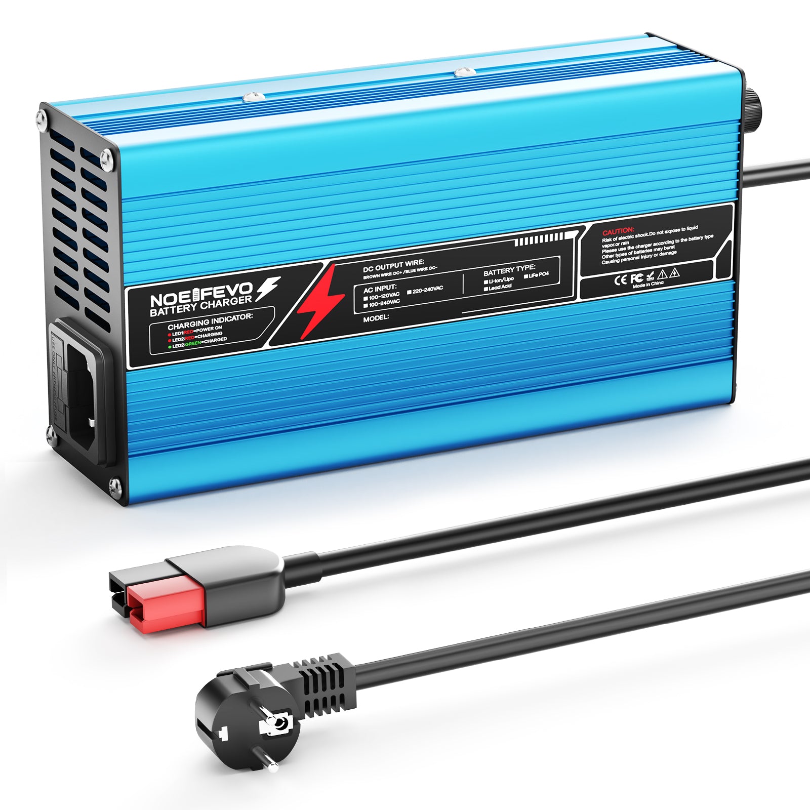 NOEIFEVO 12V 20A Chargeur de batterie au plomb-acide, tension de charge 13,8V-14,7V, arrêt automatique, boîtier en aluminium, avec ventilateur (bleu)