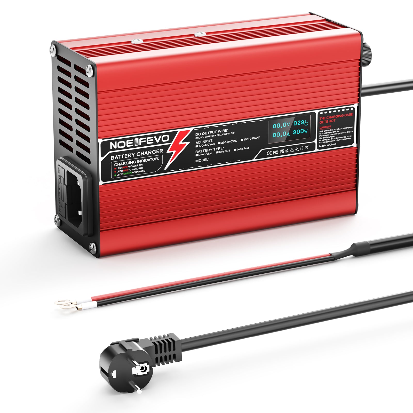 NOEIFEVO 27.6V-29.4V 2A 4A 5A Blei-Säure-Batterieladegerät für 24V Blei-Säure Batterie, Mit LCD-Anzeige, Kühlventilator, automatischer Abschaltung (RED)