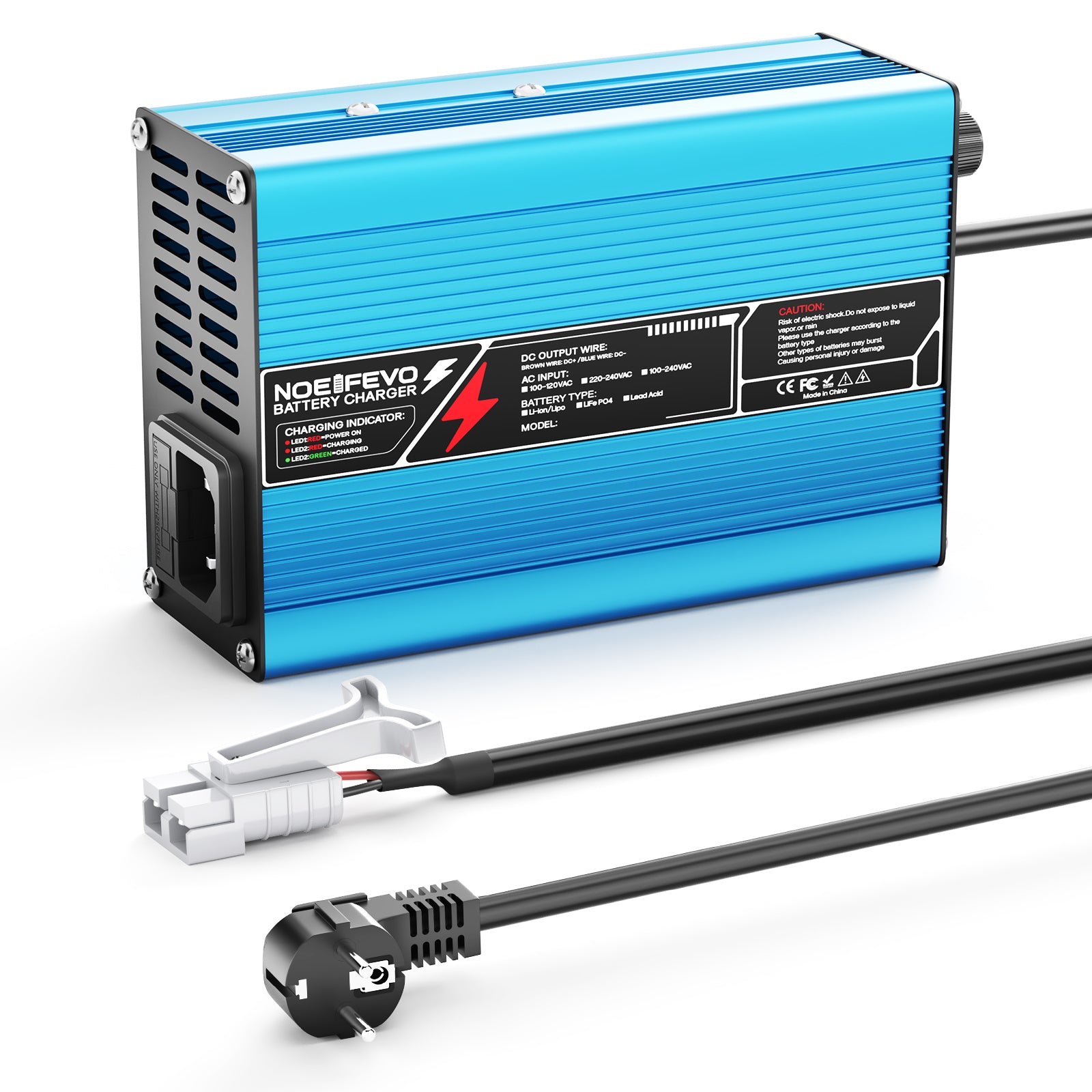 NOEIFEVO 36.5V 4A LiFePO4 nabíječka baterií pro 10S 32V LiFePO4 baterii, automatické vypnutí（BLUE）