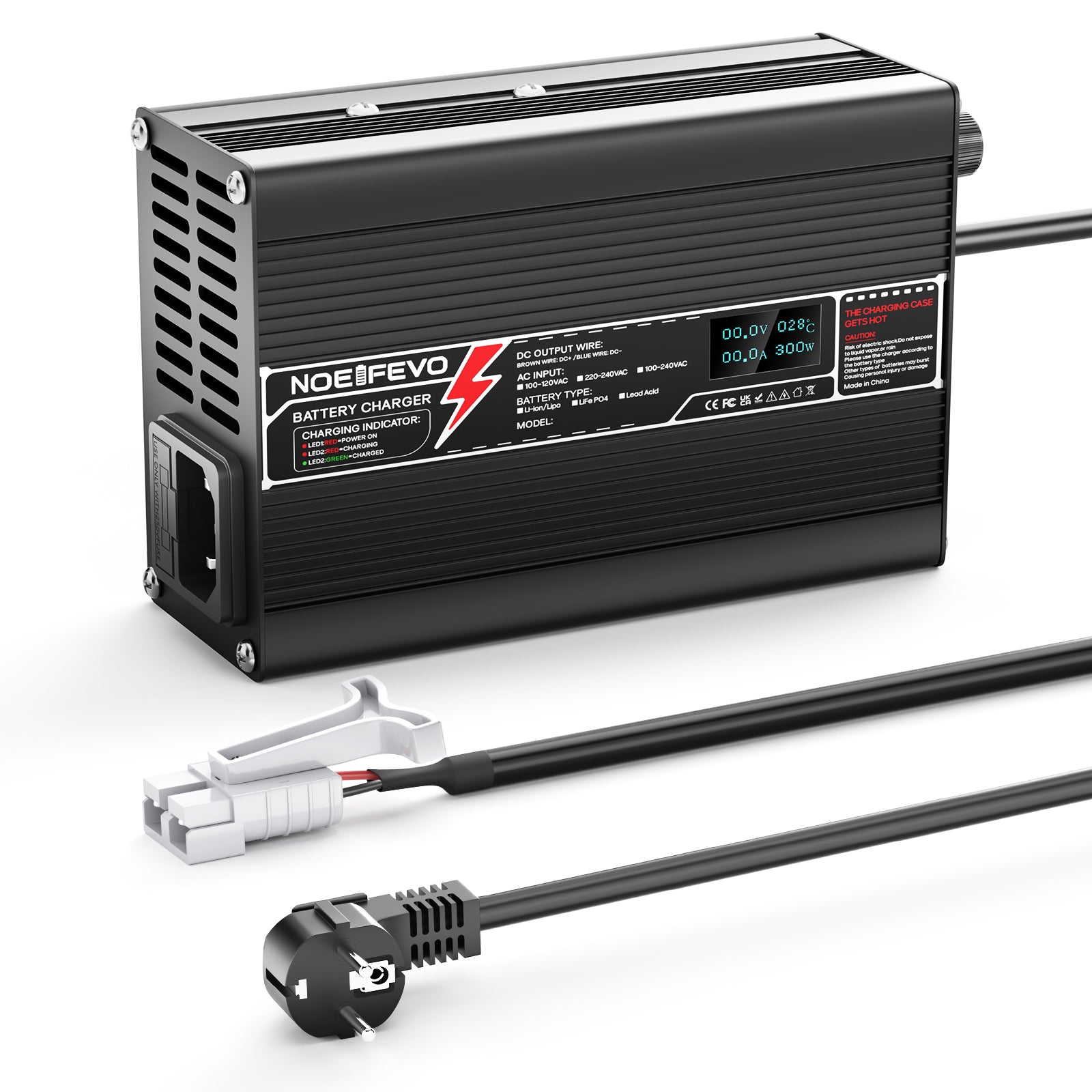 NOEIFEVO 58.8V 2A Carregador de Lítio para Baterias 14S 51.8V Li-Ion Lipo, com Display LCD, Ventilador de Resfriamento, Desligamento Automático