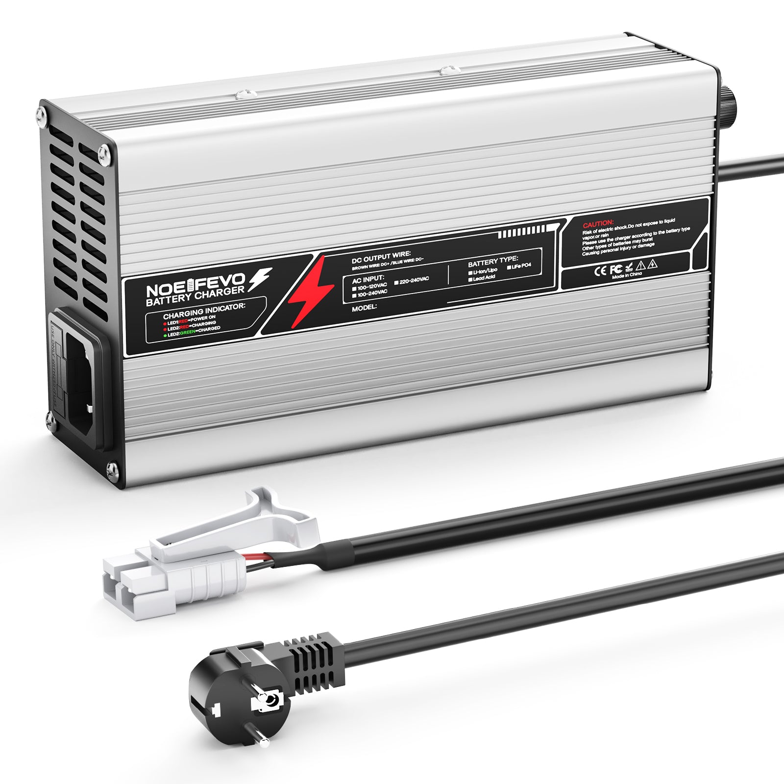 NOEIFEVO 14,6V 20A cargador de batería LiFePO4 para batería de 12V (12,8V) 4S, con apagado automático, carcasa de aluminio, con ventilador (plata).