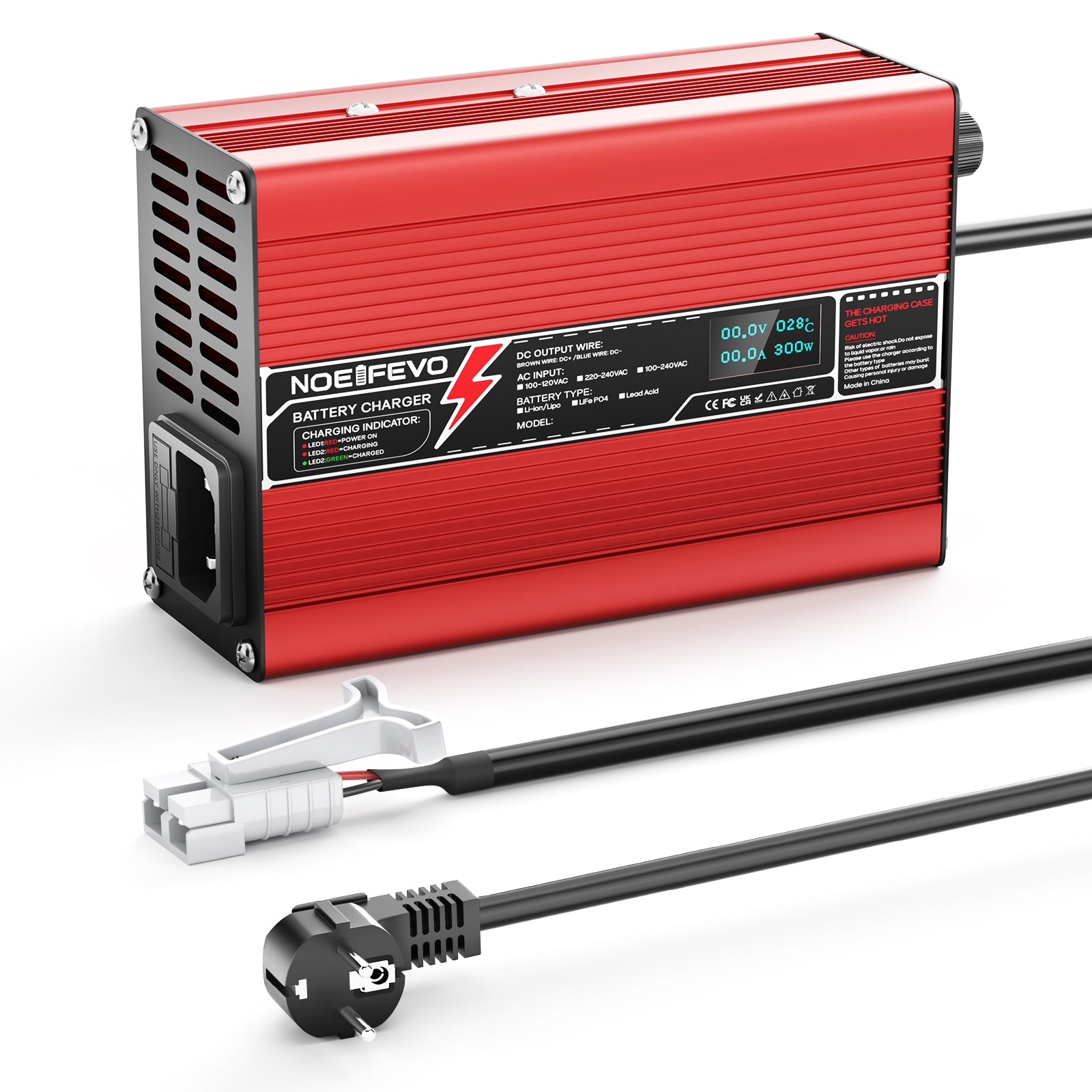 NOEIFEVO 13.8V-14.7V 8A Loodzuur Batterijlader voor 12V Loodzuur Batterij, Koelventilator, Automatische Uitschakeling (ROOD)
