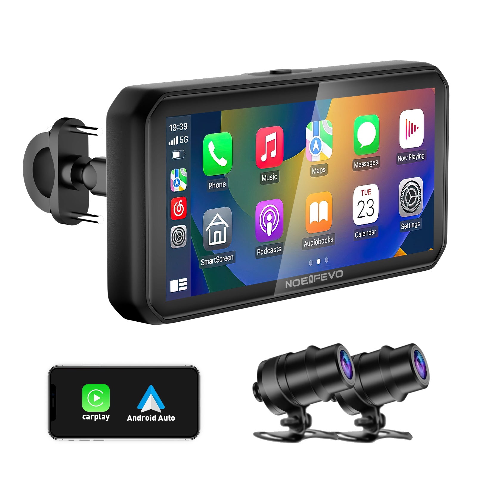 NOEIFEVO MT9B Motorcykel-Carplay-skärm med dödvinkelvarningsfunktion, trådlös CarPlay och Android Auto, bärbar vattentät 6,3-tums pekskärm, förbättrad dubbel Bluetooth, navigation