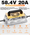 NOEIFEVO 58,4 V 20A Carregador de bateria de lítio Lifepo4 para bateria 48 V (51,2 V) 16S, à prova de água, ativação BMS de 0 V, desligamento automático com proteção total