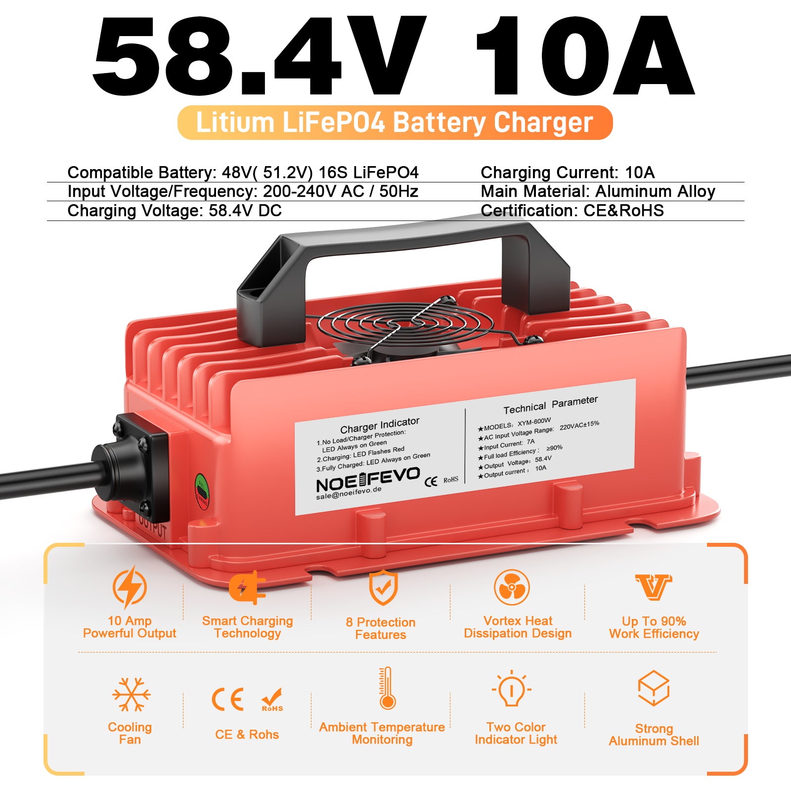 NOEIFEVO 58.4V 10A Lithium LiFePO4 batterijlader voor 51.2V (48V) 16S batterij, waterdicht, automatische uitschakeling met volledige bescherming
​
