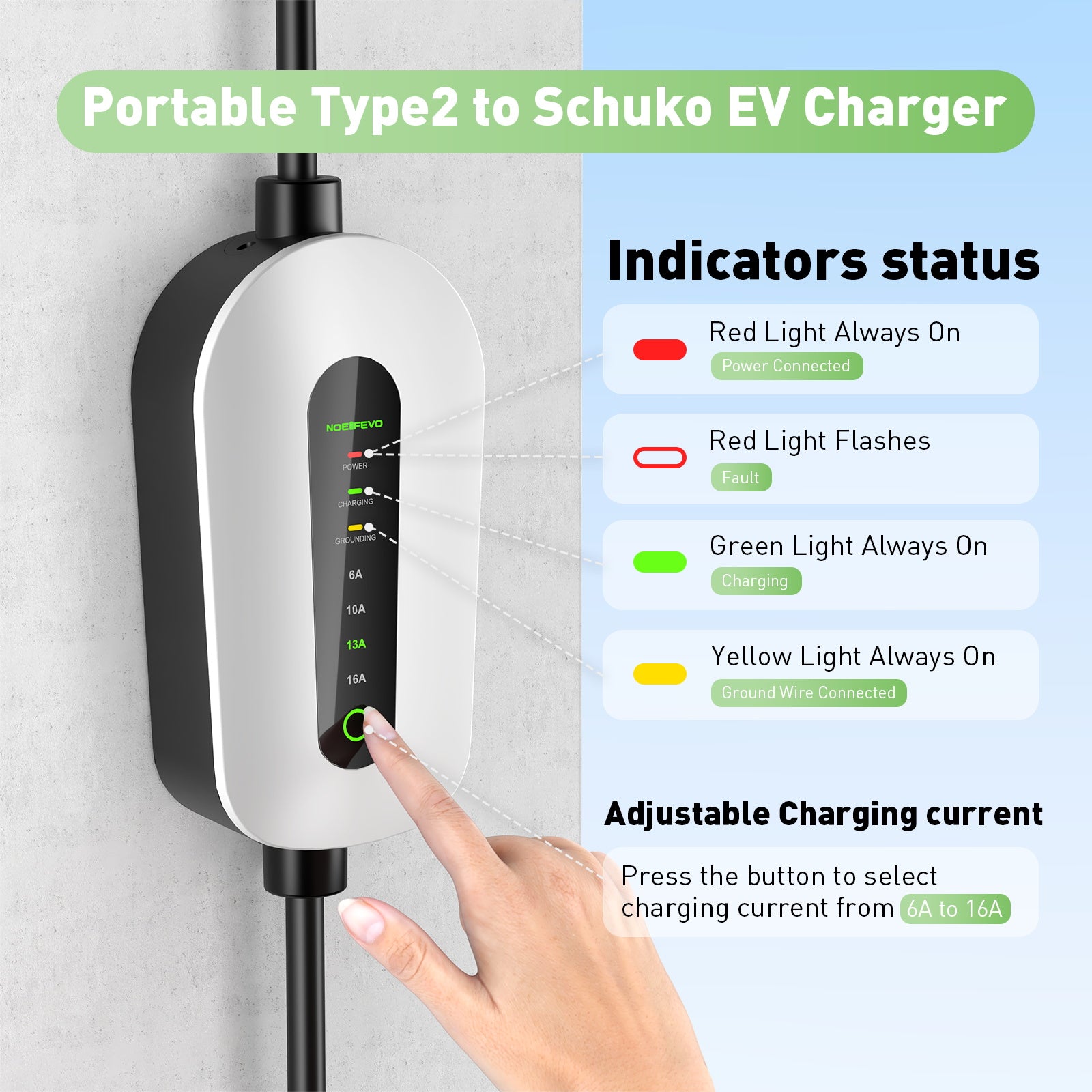 NOEIFEVO F095 Type 2 vers Schuko EV charge de Câble pour électrique véhicule,3,5KW 6A à 16A réglable courant,3m/5m/10m