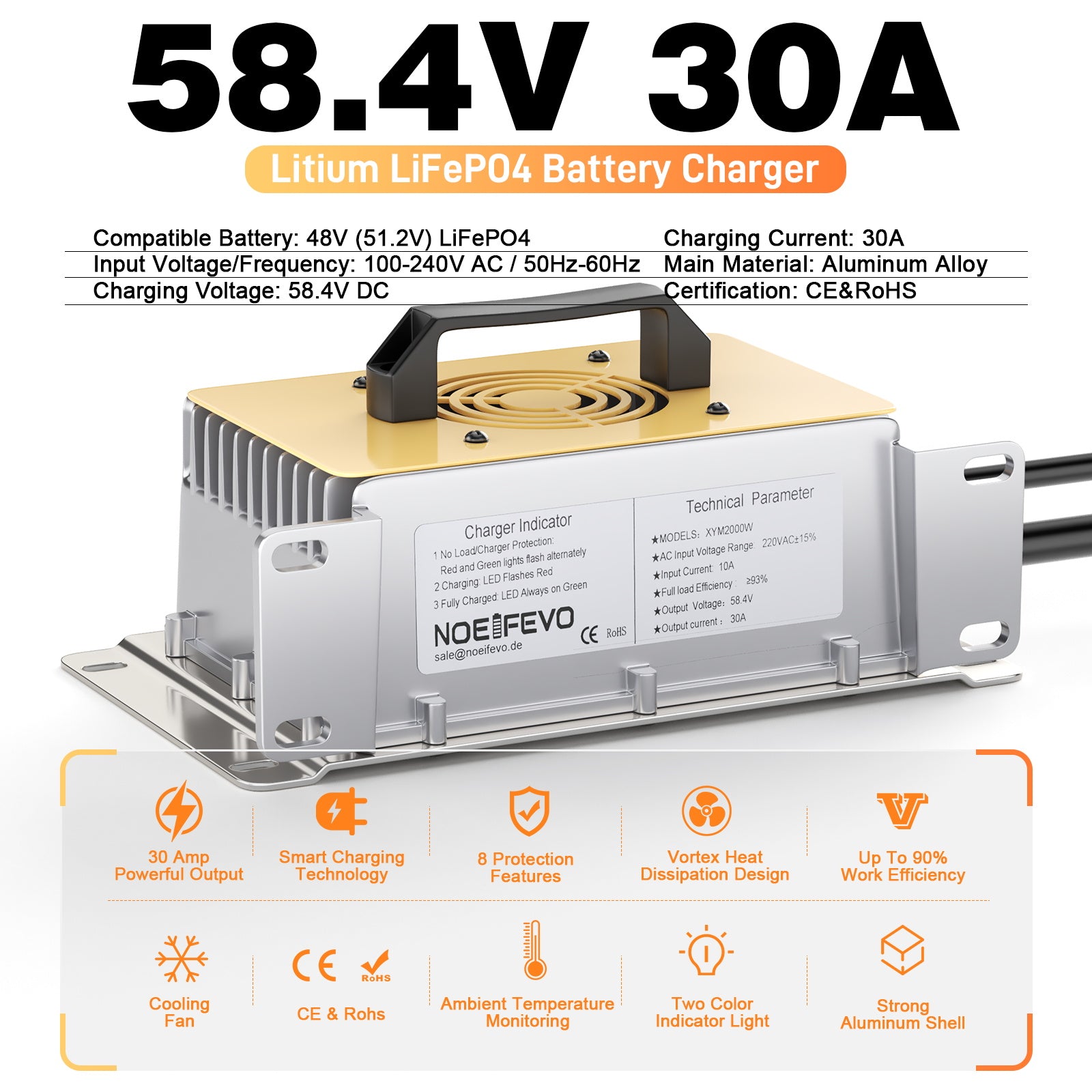 NOEIFEVO 58.4V 30A  LiFePO4 batterie de Chargeur pour 51.2V(48V) 16S LiFePO4 batterie, étanche, 0V BMS Activé