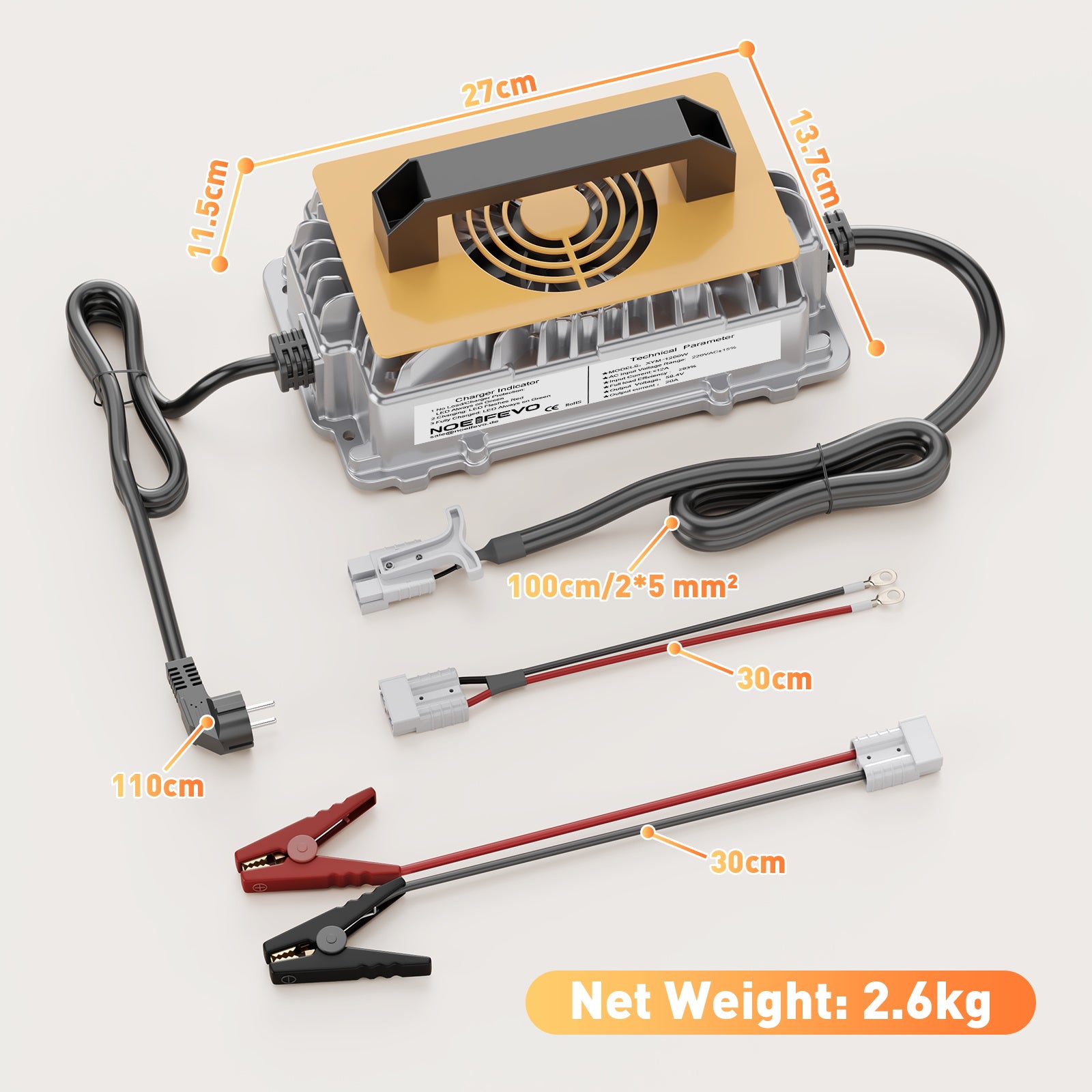 NOEIFEVO 58,4 V 20A Carregador de bateria de lítio Lifepo4 para bateria 48 V (51,2 V) 16S, à prova de água, ativação BMS de 0 V, desligamento automático com proteção total