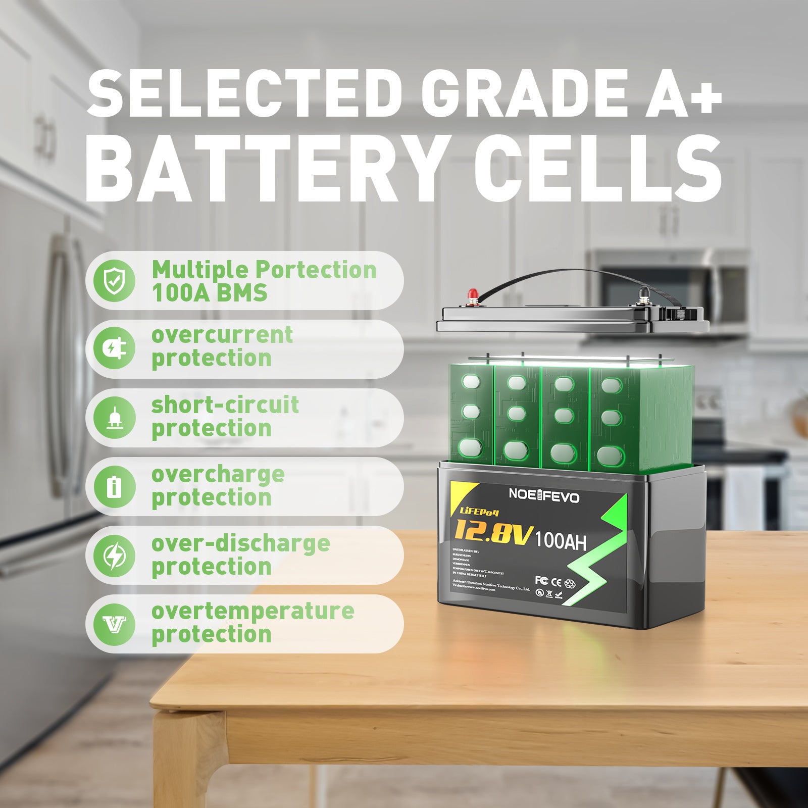 NOEIFEVO N100 12V 100ah Li - ion batterie LiFePO4 akku avec 100A BMS 