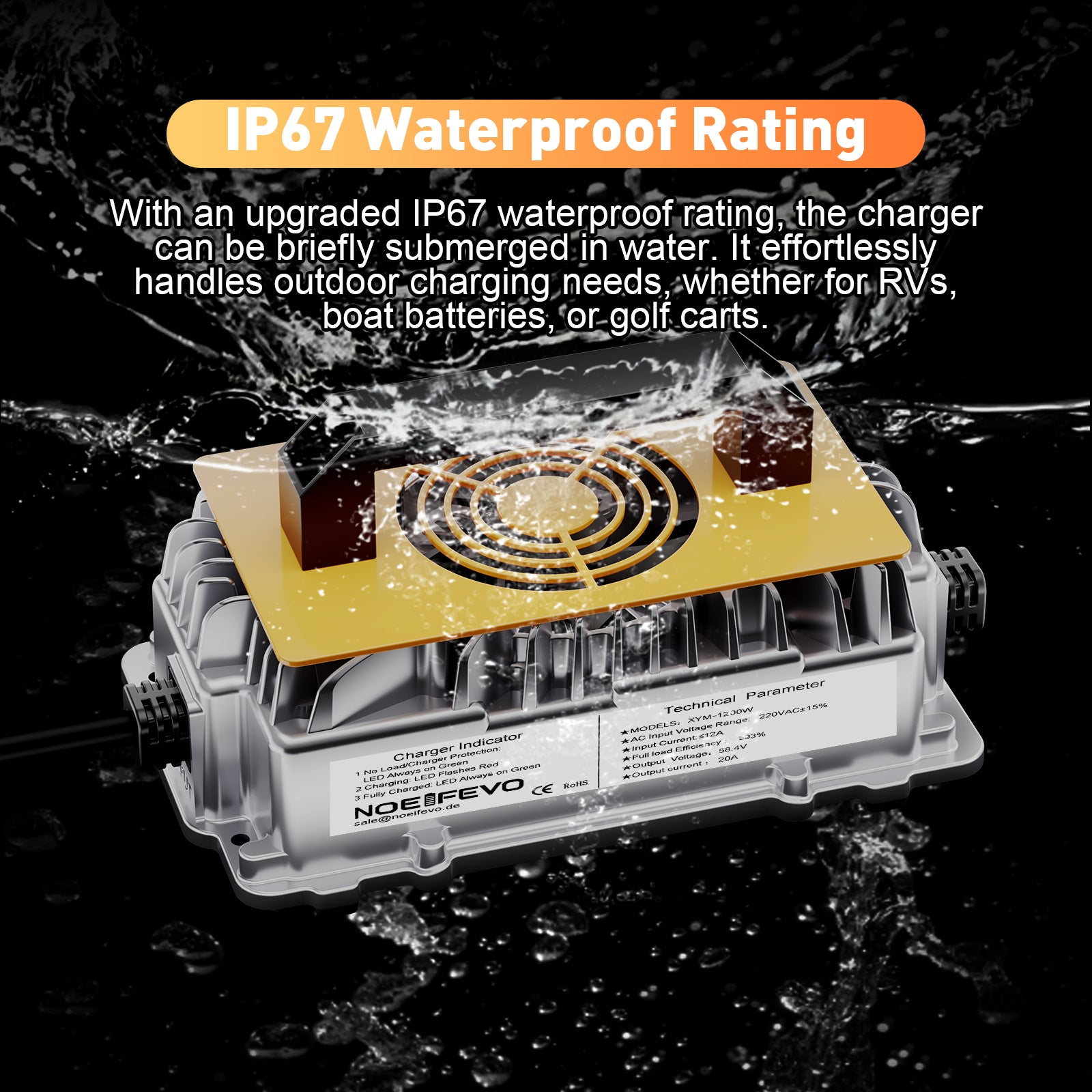 NOEIFEVO 58,4 V 20A Carregador de bateria de lítio Lifepo4 para bateria 48 V (51,2 V) 16S, à prova de água, ativação BMS de 0 V, desligamento automático com proteção total