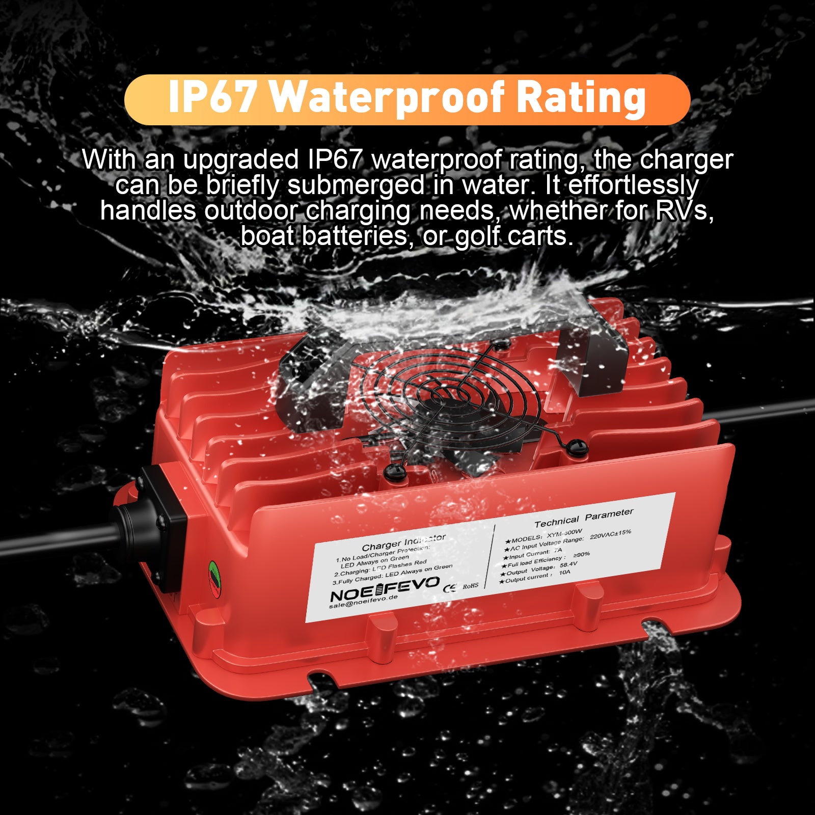 NOEIFEVO 58.4V 10A Lithium LiFePO4 batterijlader voor 51.2V (48V) 16S batterij, waterdicht, automatische uitschakeling met volledige bescherming
​