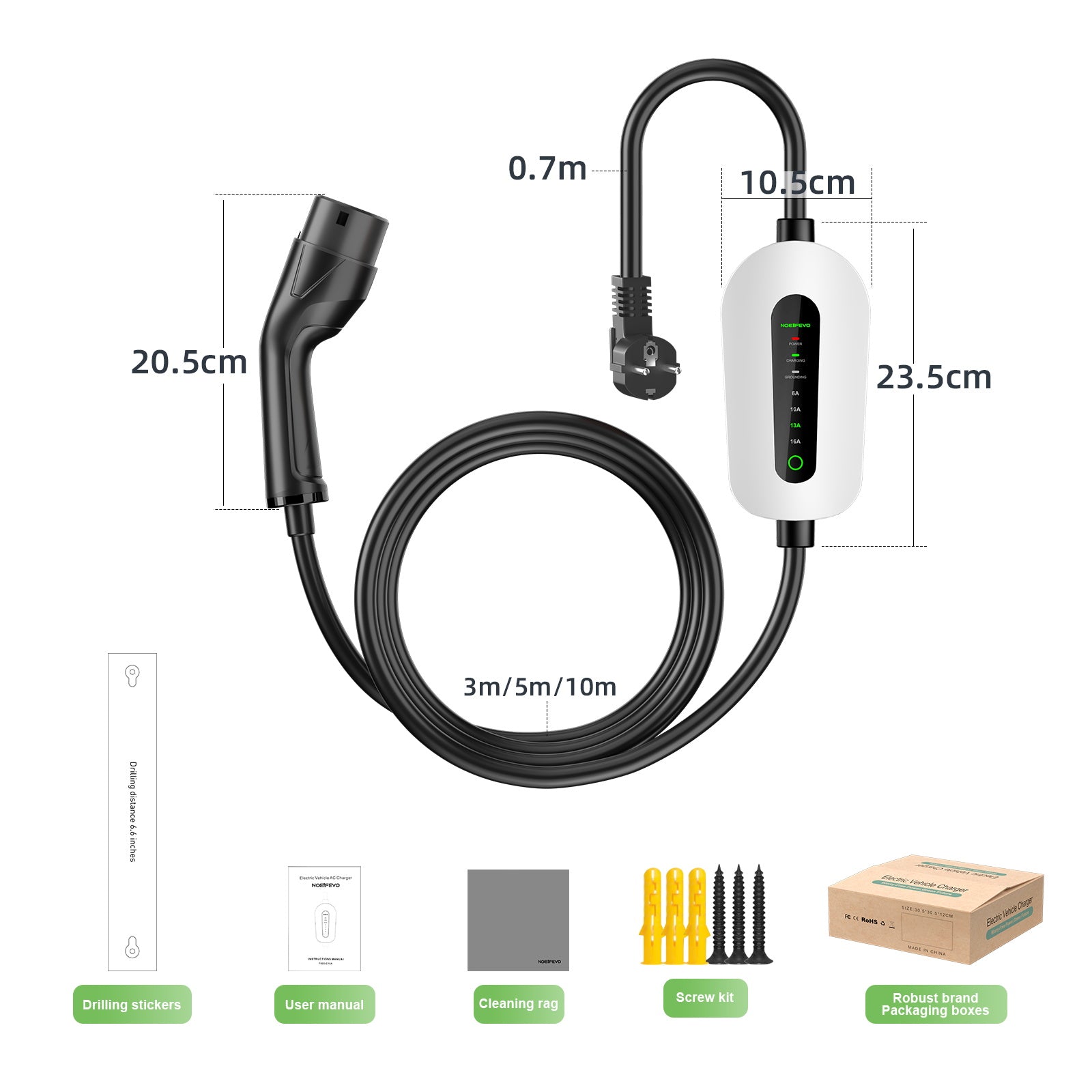 NOEIFEVO F095 Type 2 vers Schuko EV charge de Câble pour électrique véhicule,3,5KW 6A à 16A réglable courant,3m/5m/10m