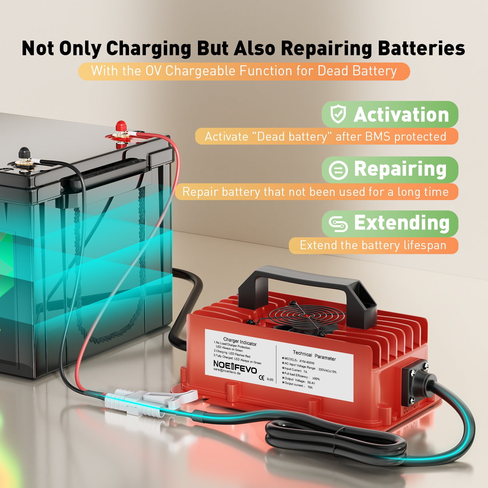 NOEIFEVO 58.4V 10A Lithium LiFePO4 batterijlader voor 51.2V (48V) 16S batterij, waterdicht, automatische uitschakeling met volledige bescherming
​