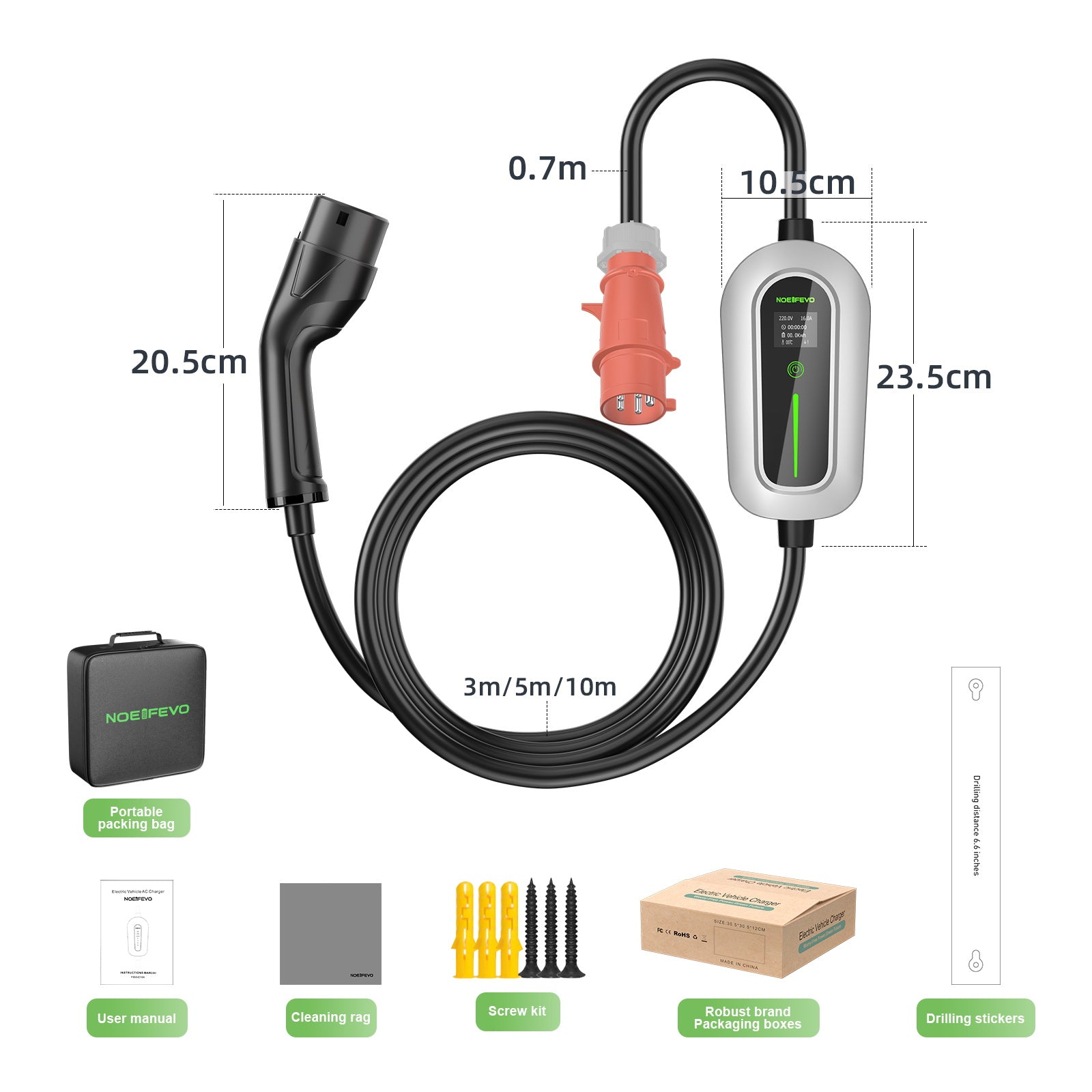 Noeifevo F094, station de recharge pour véhicules électriques, 11 kW, 16 A, triphasé, câble mobile de pour les véhicules électriques de type 2