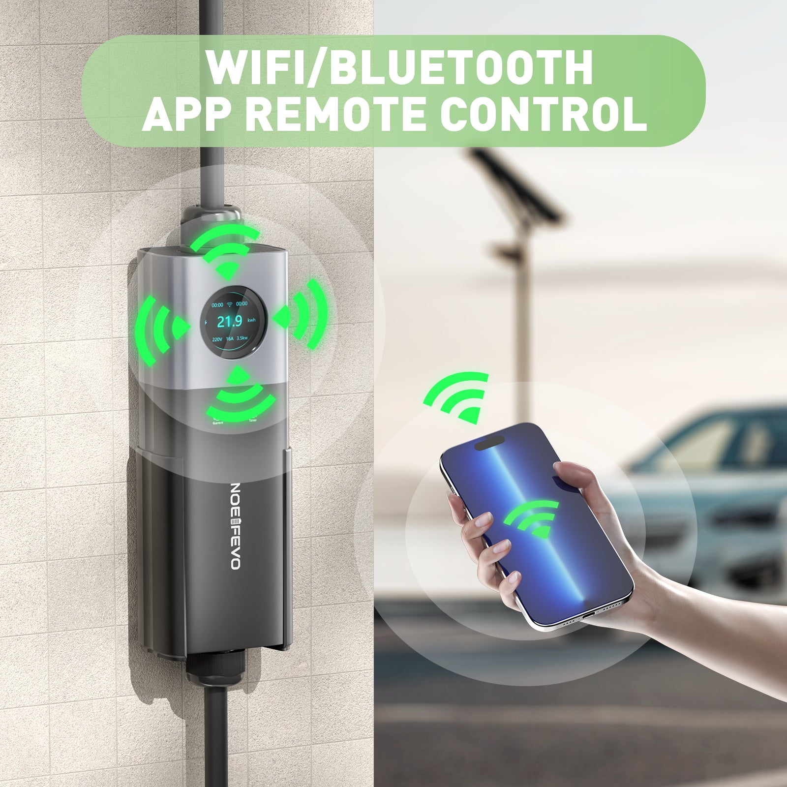 NOEIFEVO 22KW Wlan borne de recharge mobile avec contrôle à distance via application, câble de charge Type 2 CEE32A triphasé de 5m/10m pour voiture électrique