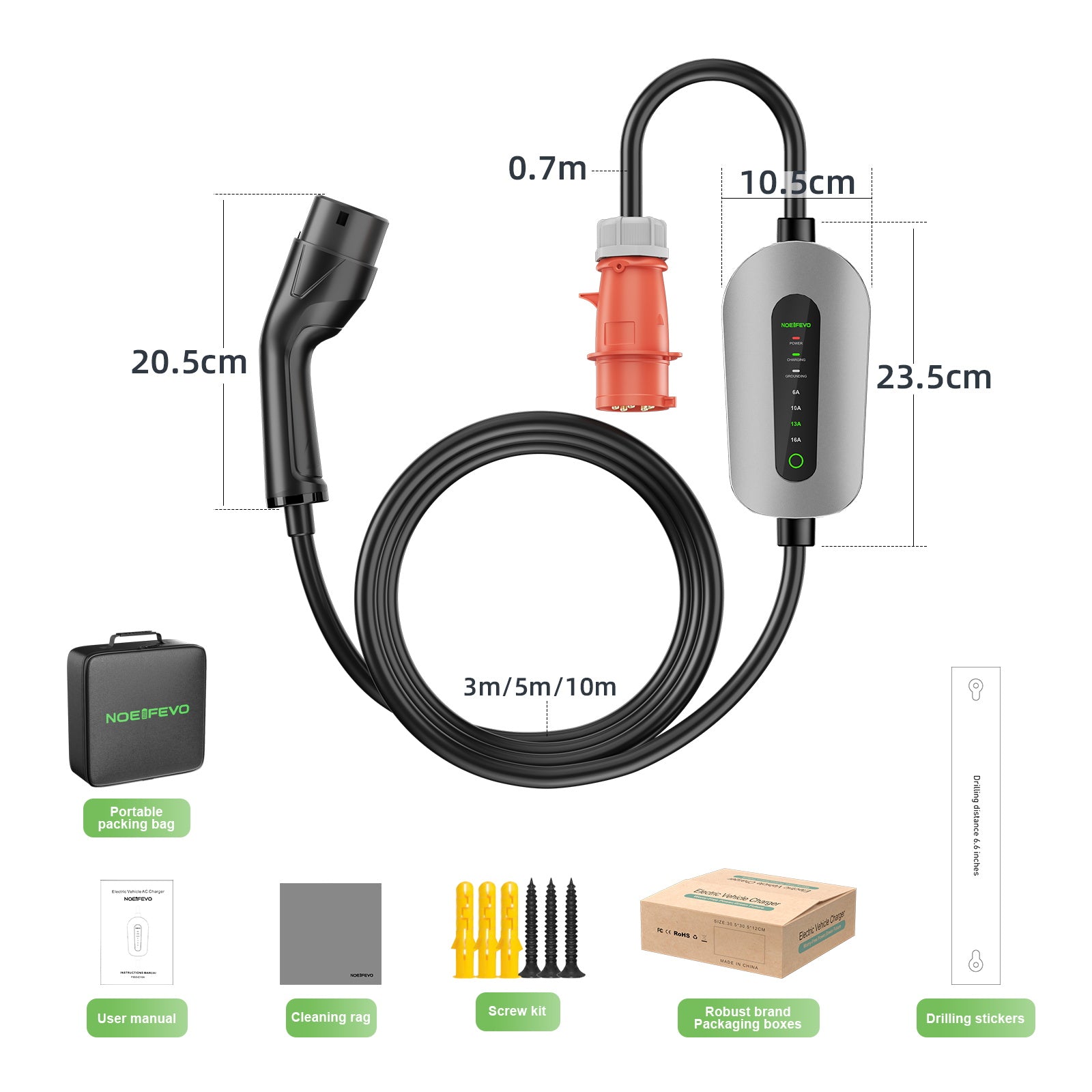 NOEIFEVO F095-3 Type 2 vers CEE16A EV chargement de Câble  pour véhicule électrique, boîte murale 11KW 6A à 16A courant réglable, 3m/5m/10m