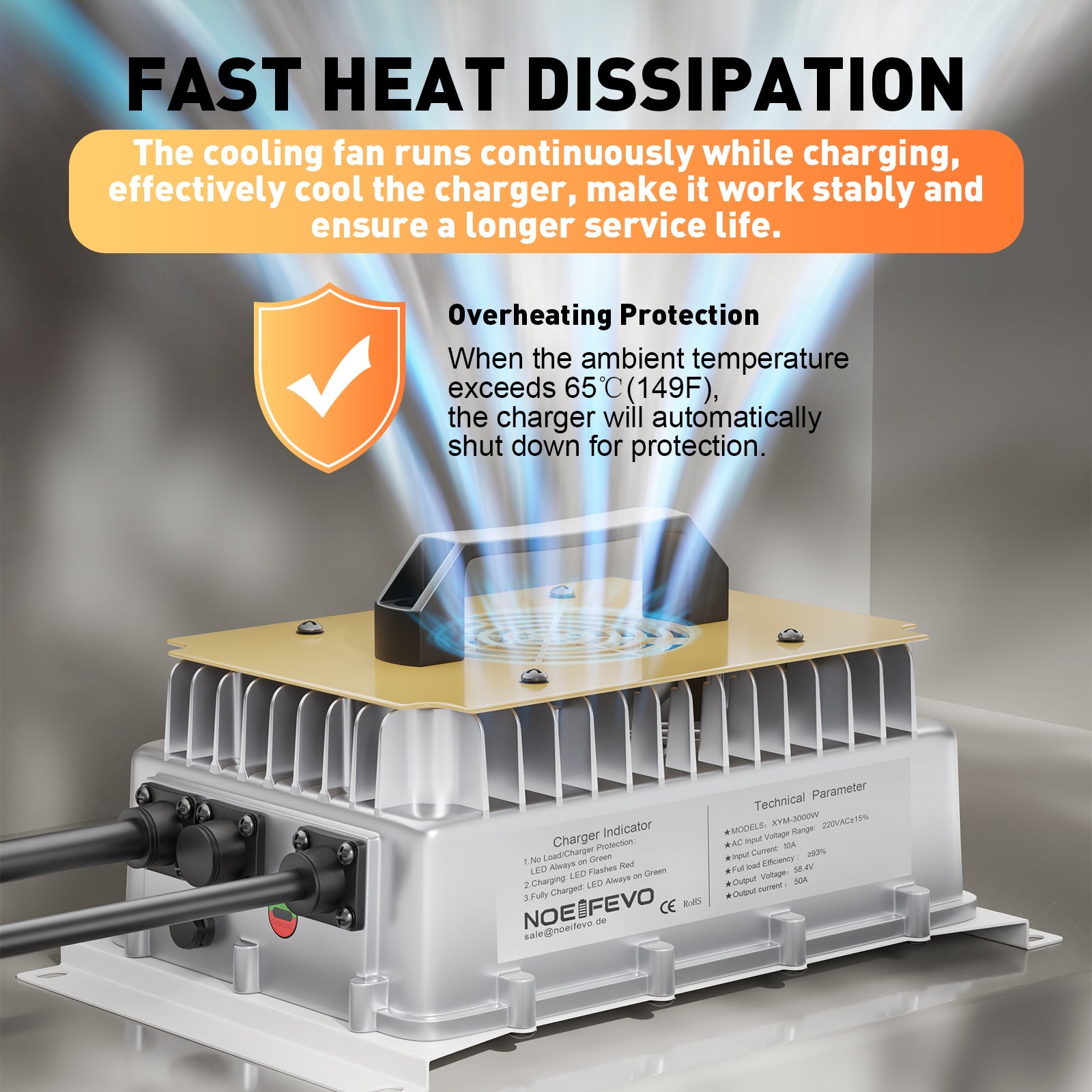 NOEIFEVO 58,4V 50A LiFePO4 nabíječka baterií pro 51,2V (48V) 16S LiFePO4 baterii, vodotěsná, 0V BMS aktivováno