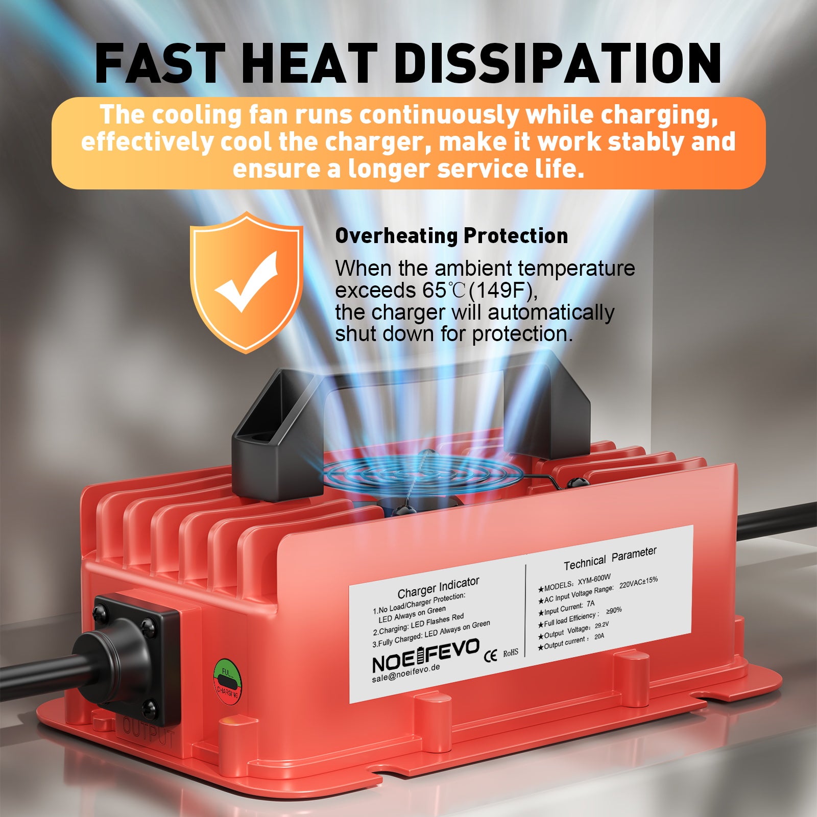 NOEIFEVO 29,2 V 20A LiFePO4 batteria per Caricabatterie impermeabile  per batteria al litio 25,6 V (24 V) 8S, attivazione BMS 0 V, con protezione completa