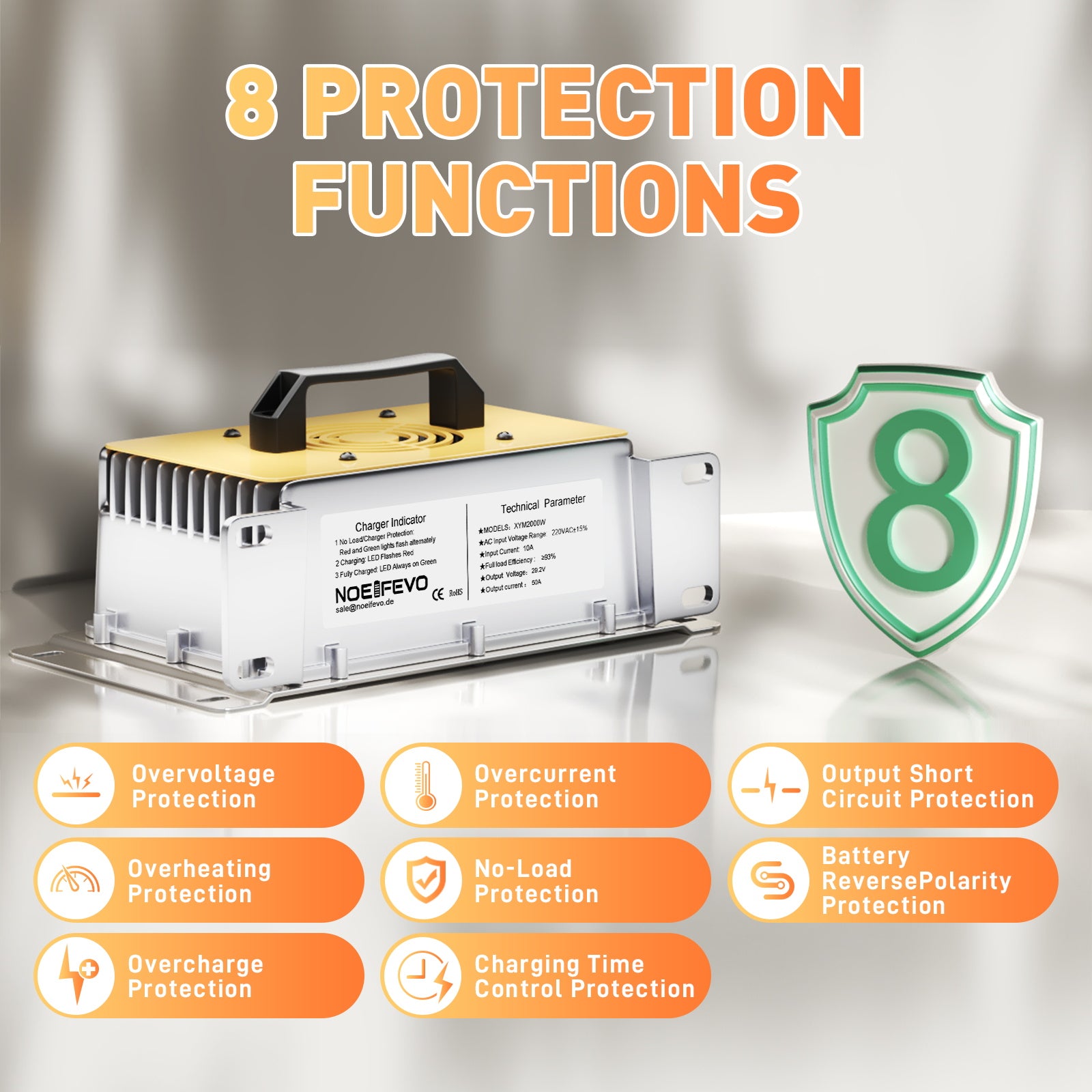 NOEIFEVO 29,2 V 50A Cargador rápido para batería de litio LiFePO4 de 24 V 25,6 V, resistente al agua, activación BMS de 0 V