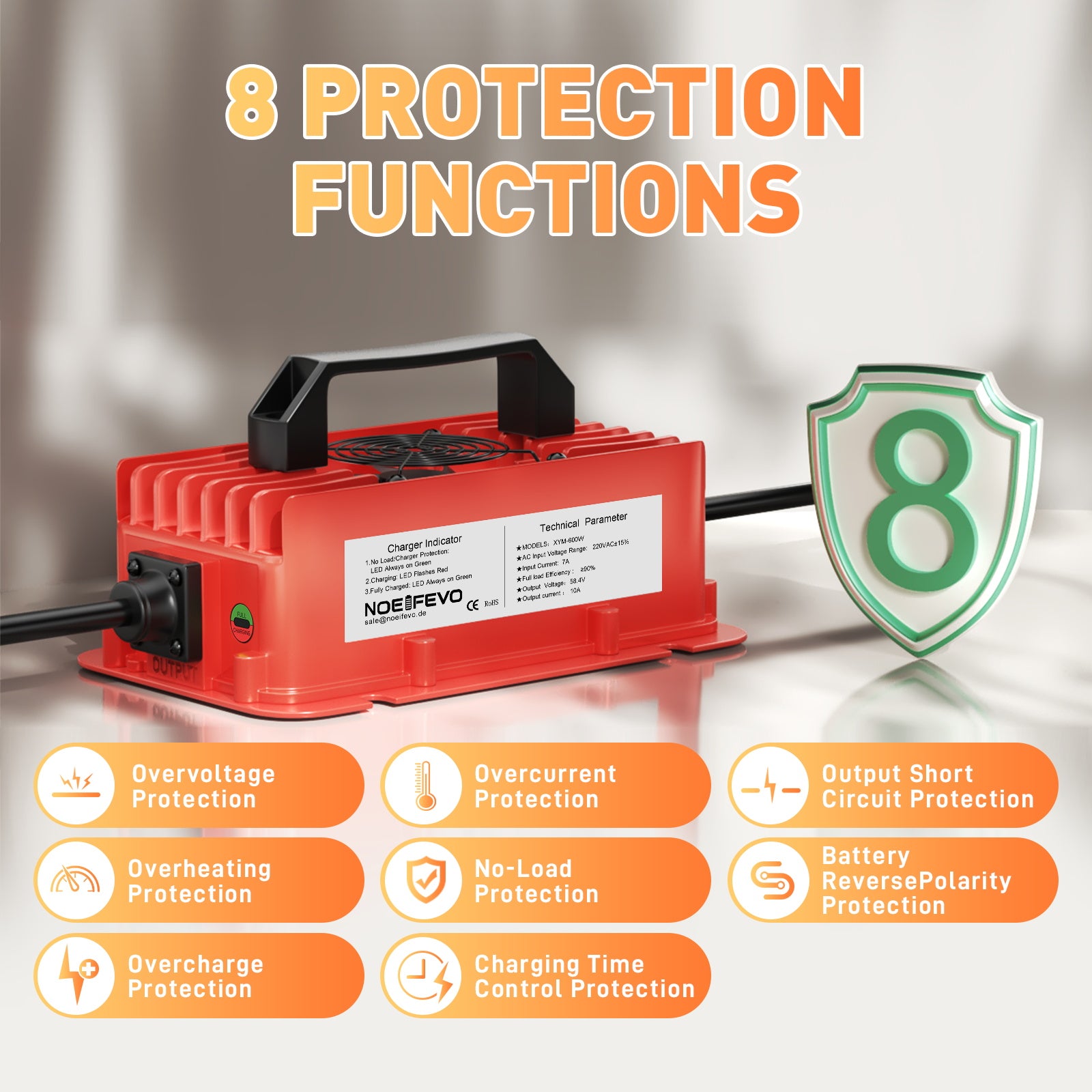 NOEIFEVO 58.4V 10A Lithium LiFePO4 batterijlader voor 51.2V (48V) 16S batterij, waterdicht, automatische uitschakeling met volledige bescherming
​