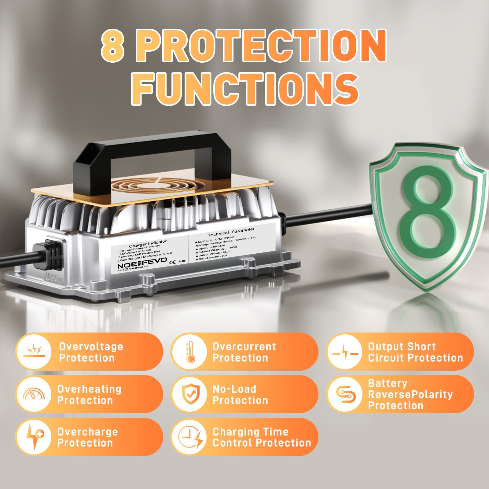 Noeifevo 29,2 V 30 A LiFePO4 akkulaturi 24 V 25,6 V litiumakulle, vedenpitävä, 0 V BMS aktivointi, automaattinen sammutus