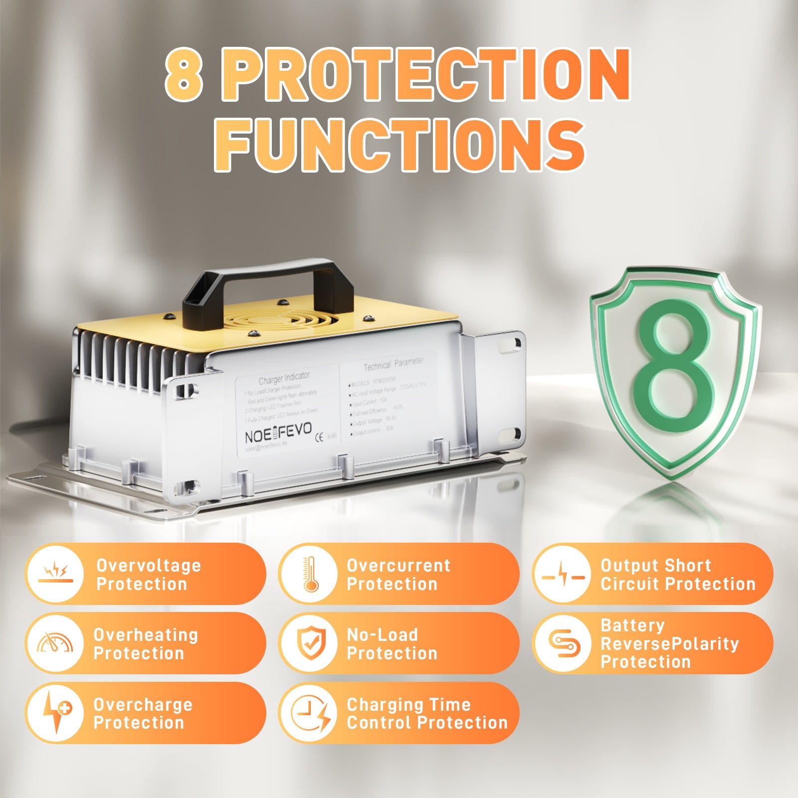 NOEIFEVO 58.4V 30A  LiFePO4 batterie de Chargeur pour 51.2V(48V) 16S LiFePO4 batterie, étanche, 0V BMS Activé