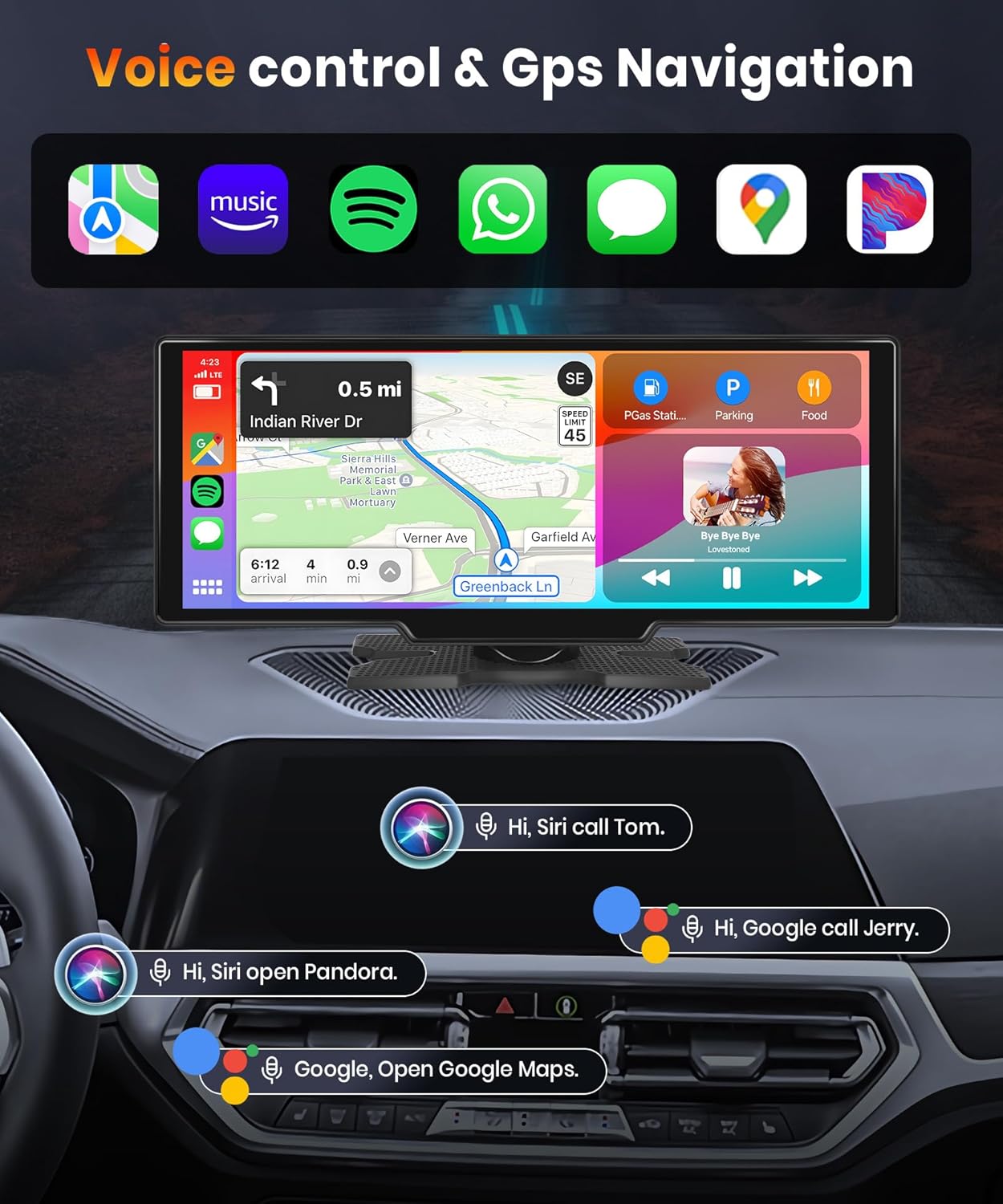 NOEIFEVO 10,26 palcový Carplay displej pro automobily s bezdrátovým Carplay, Android Auto, MirrorLink, 1080P IPS dotykový displej, přenosné rádio, podporuje Bluetooth/hands-free hlasové ovládání/GPS/Siri/FM přenos/Aux/TF kartu.